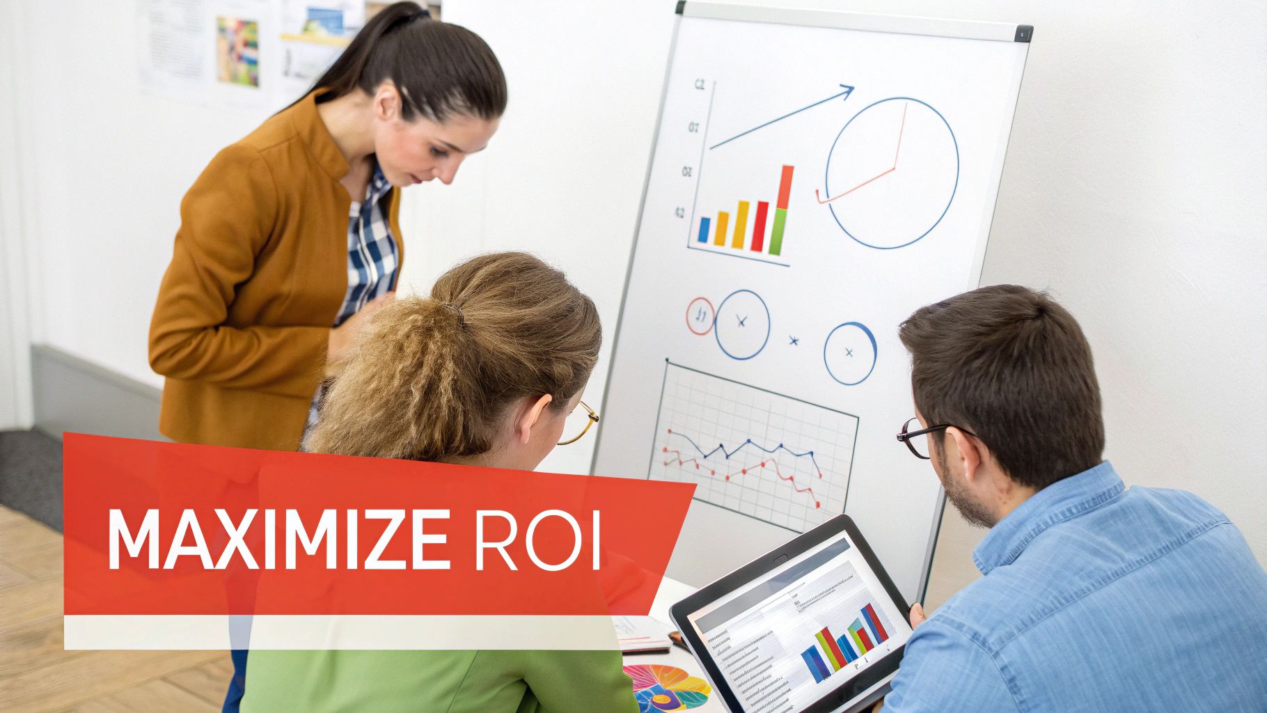 A team of professionals collaborating around a computer screen in an office setting