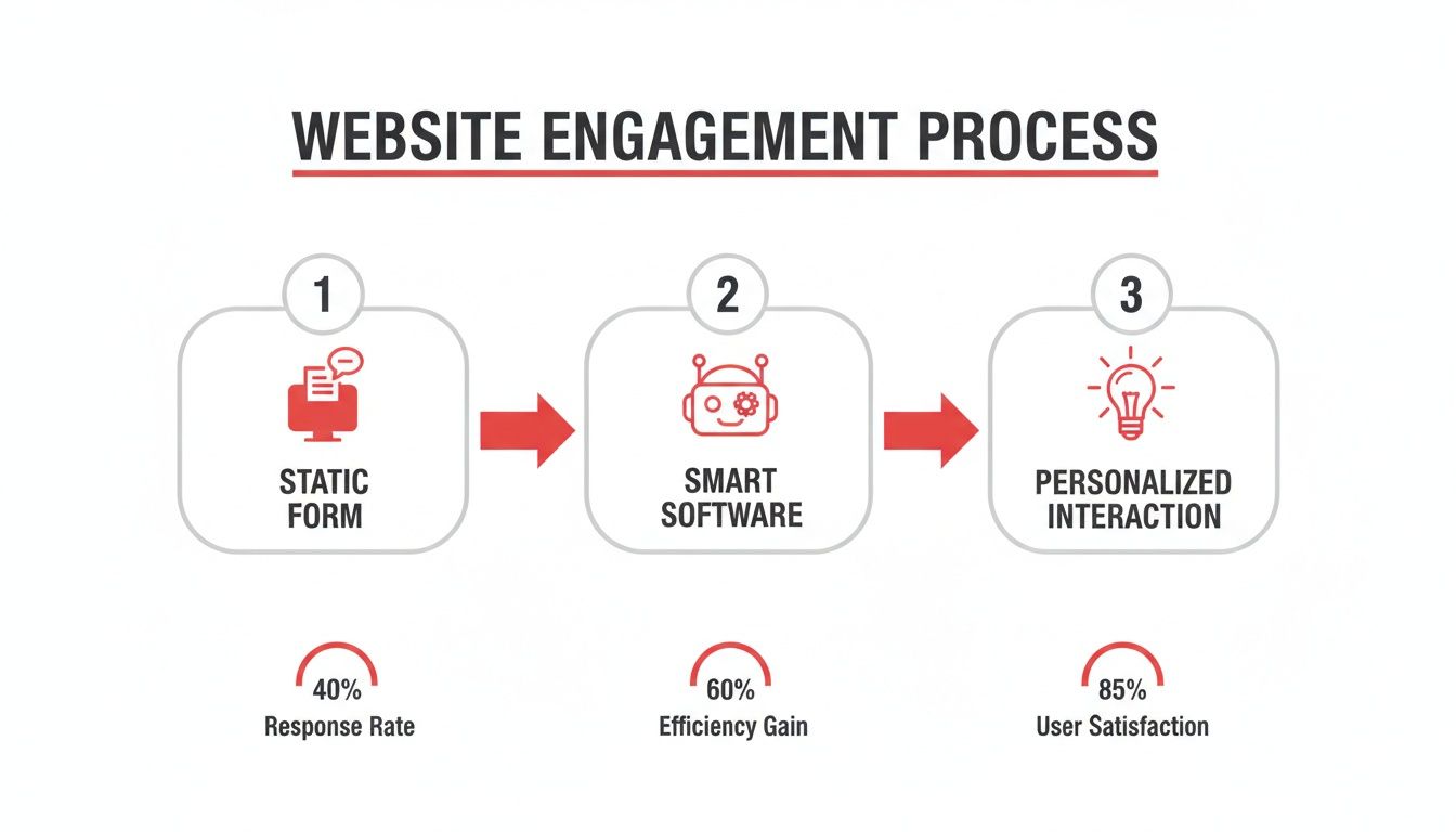 Flowchart illustrating website engagement evolution: static forms to smart software for personalized interaction and improved metrics.