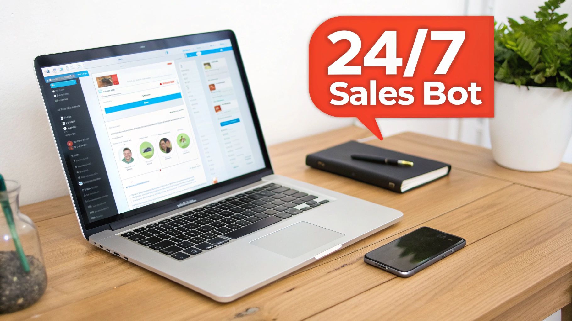 A desk with a laptop displaying a sales bot interface, a notebook, and a smartphone, highlighting 24/7 sales automation.