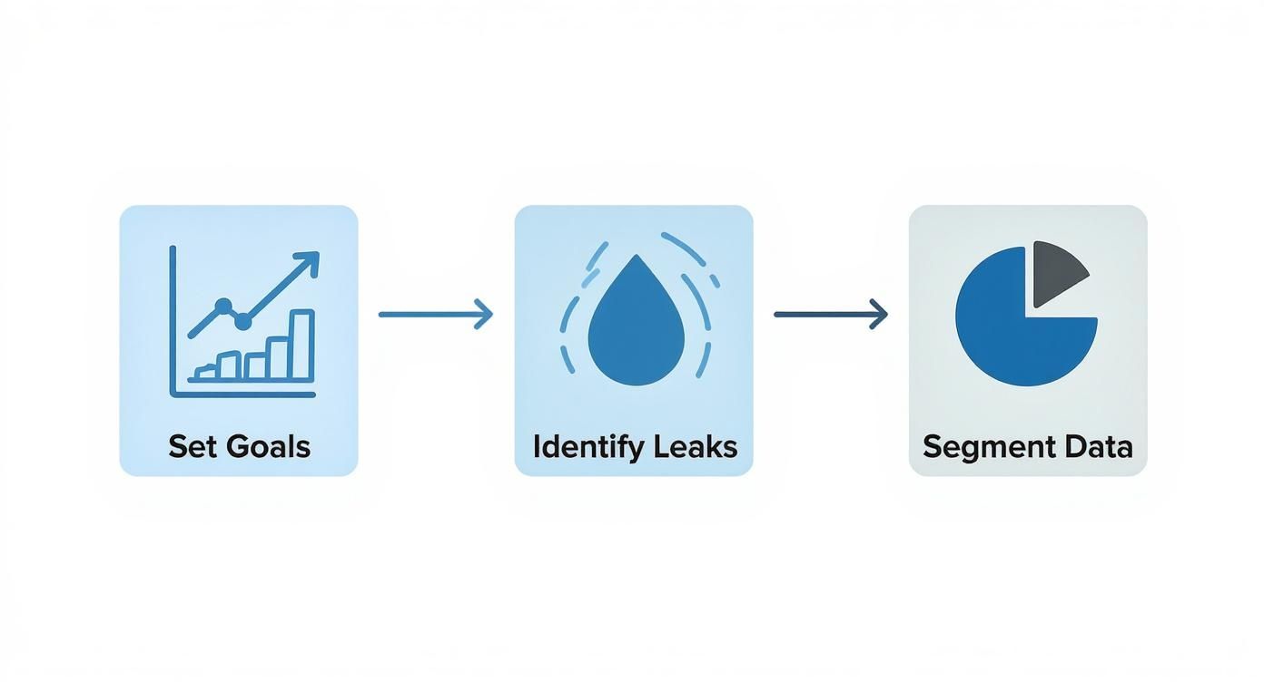 Infographic showing the process of setting goals, identifying leaks, and segmenting data for conversion baseline analysis