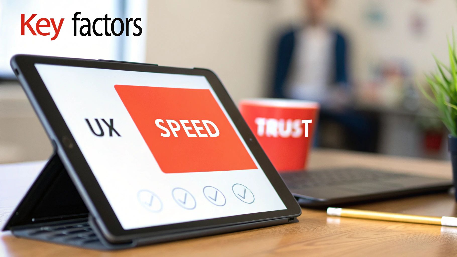 A tablet displays UX and SPEED, next to a TRUST mug and Key factors text on a desk.