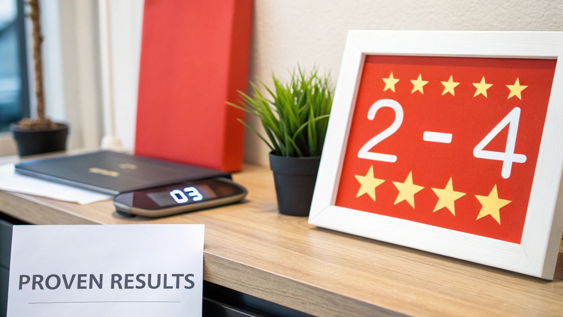 A desk with a red framed sign showing '2-4' and yellow stars, plus a paper with 'PROVEN RESULTS'.