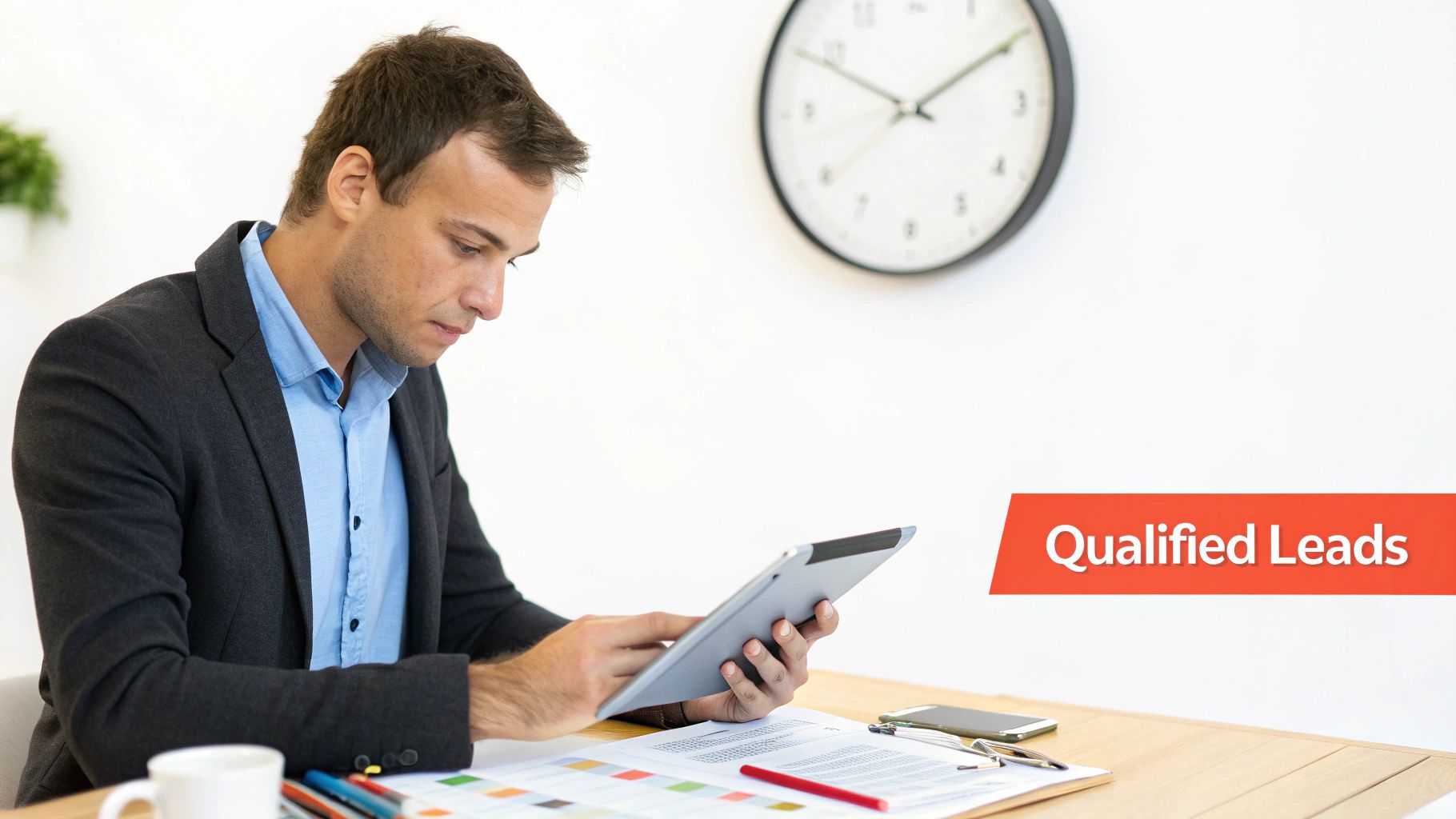 Young businessman intently reviewing data on a tablet, with 'Qualified Leads' banner.