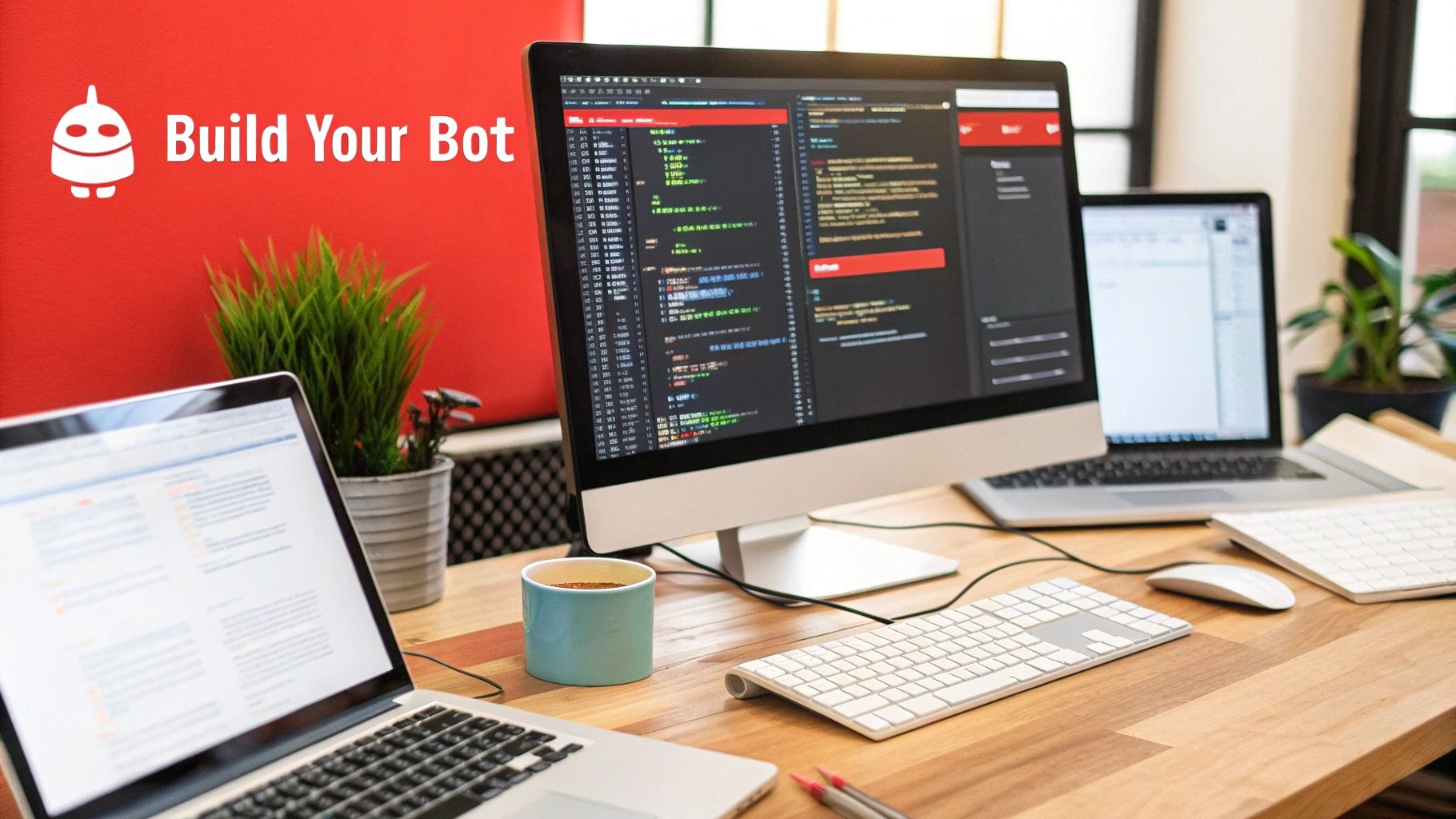 A person at a desk with multiple screens showing chatbot development tools and code.