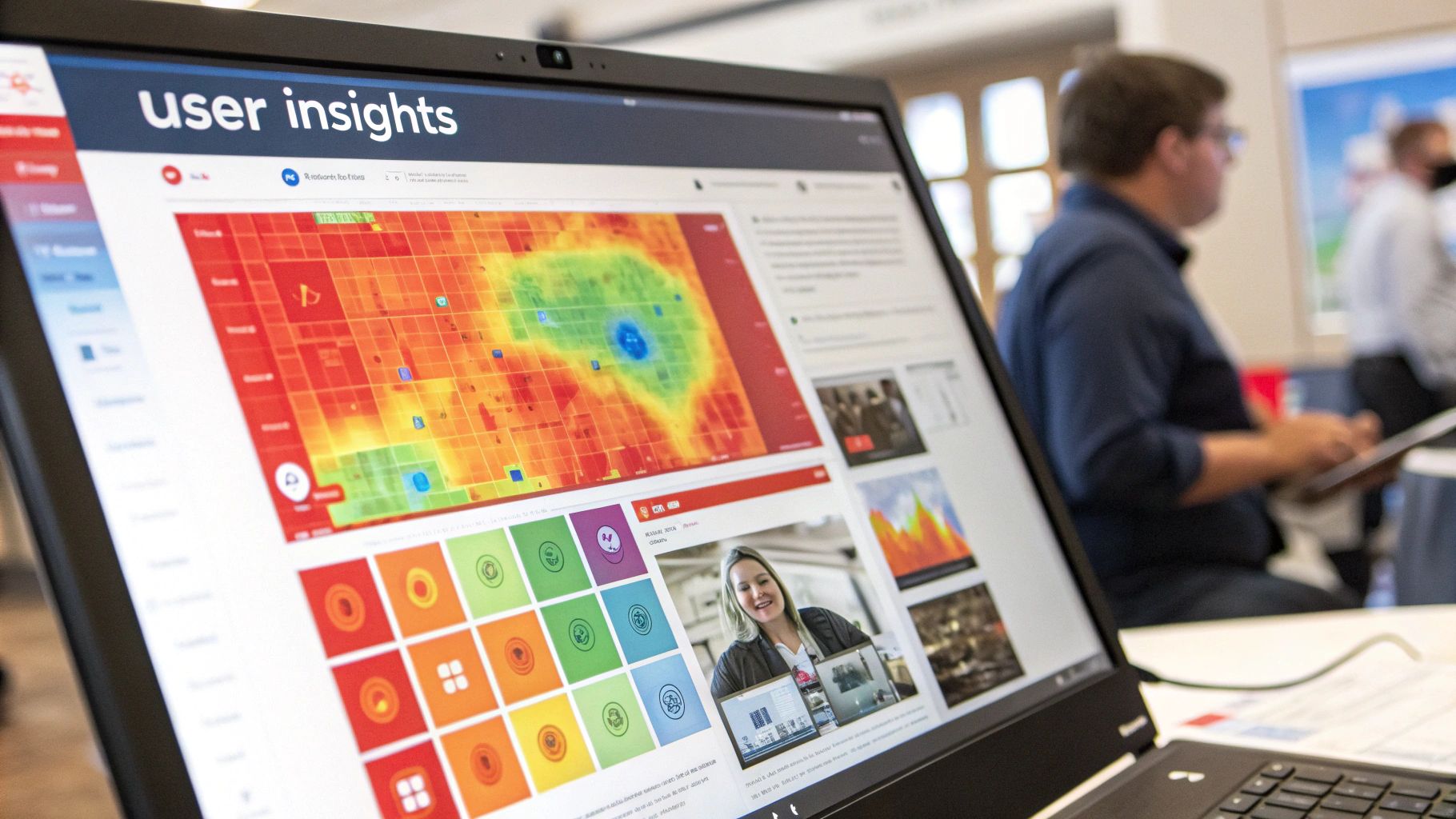 A heatmap overlay on a website, showing bright spots where users click and scroll the most.