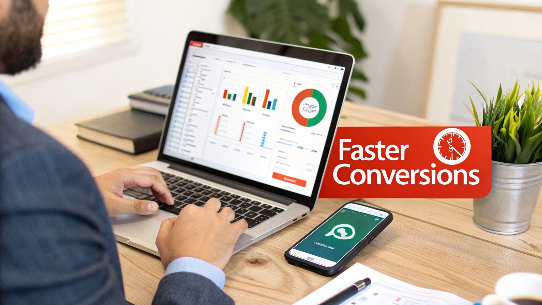 A smartphone showing a WhatsApp conversation next to a laptop displaying CRM software, symbolizing integration.