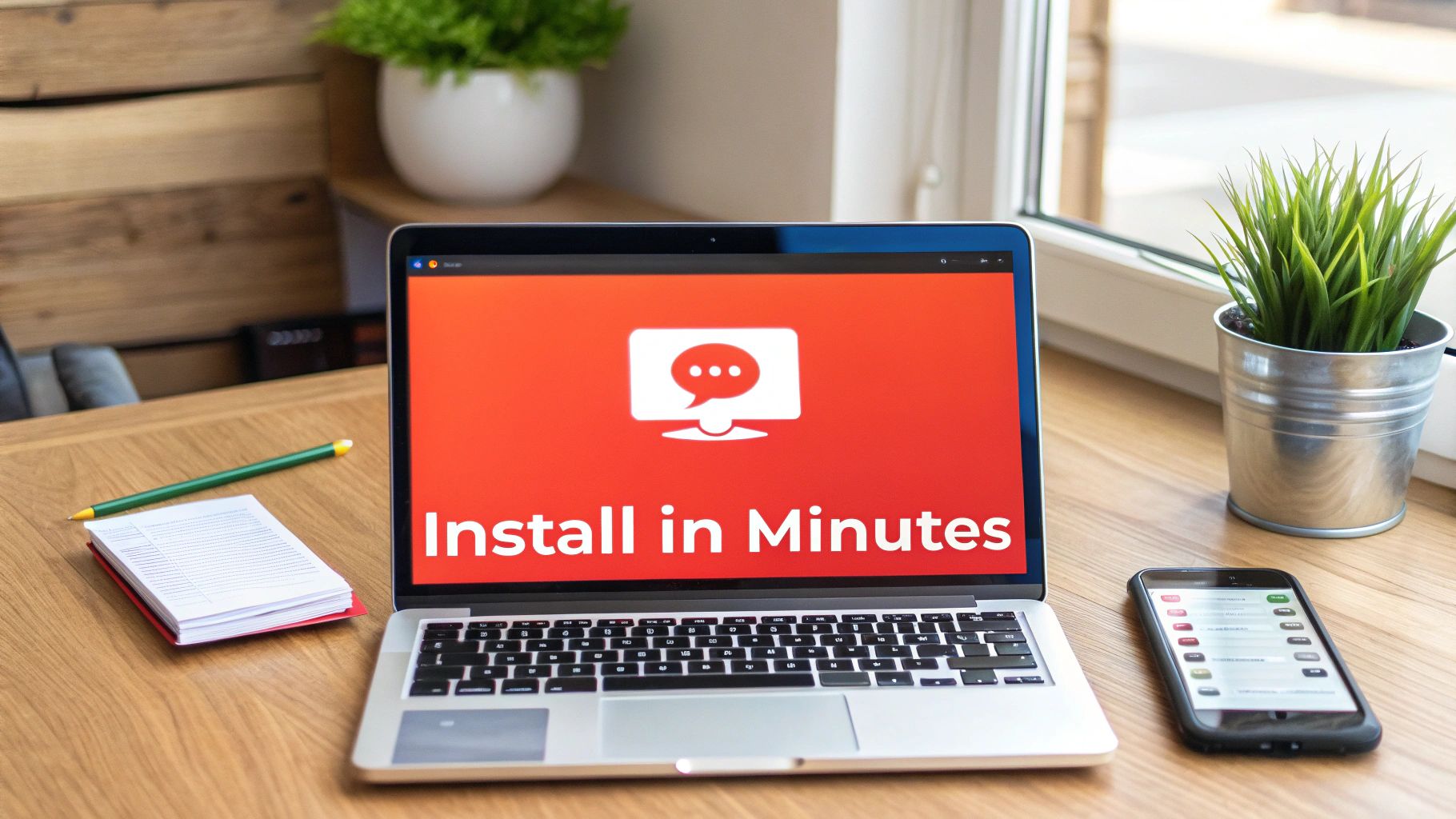 Laptop on a wooden desk displaying 'Install in Minutes' for a chat widget, with a smartphone and notebook.