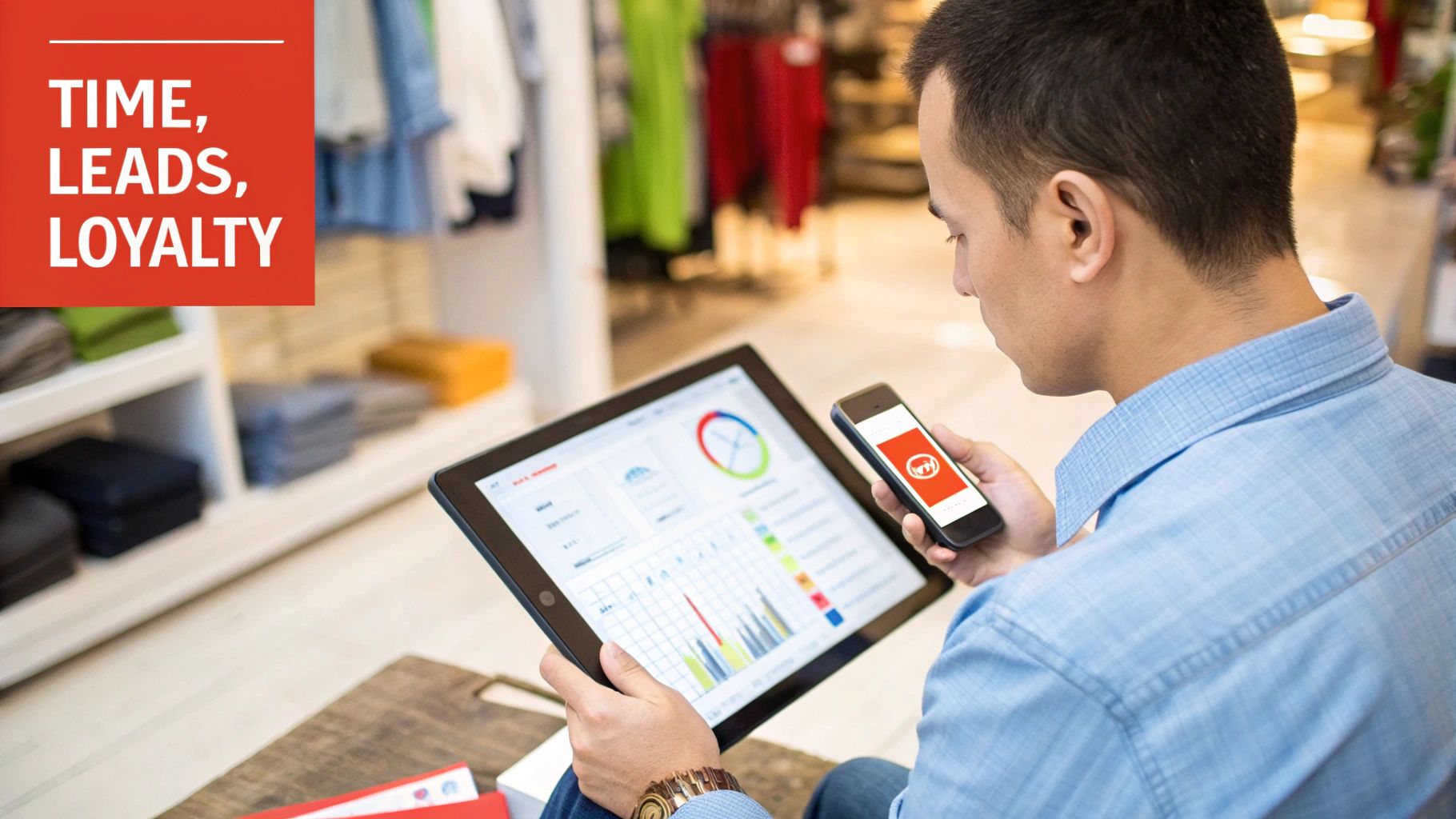A small business owner smiling while looking at a graph showing upward growth on a laptop screen.