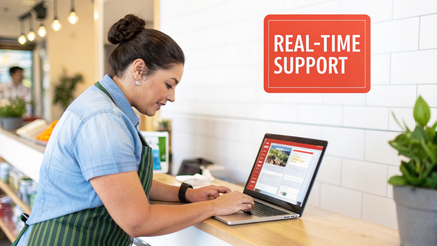 A customer support agent smiling while using a laptop with a headset on