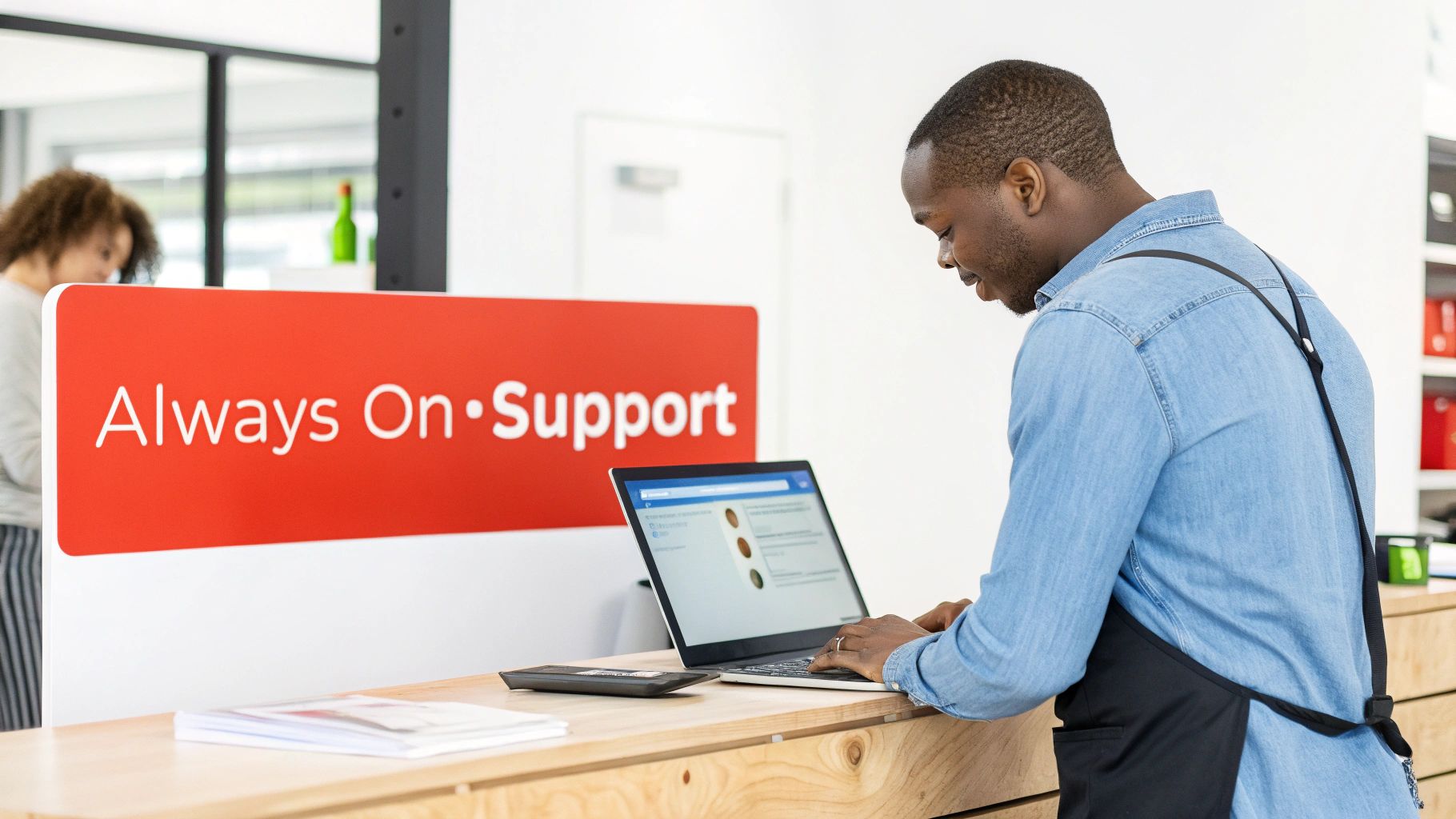 An AI chatbot interface on a laptop screen showing a welcome message, with a smiling woman in the background representing a small business owner.