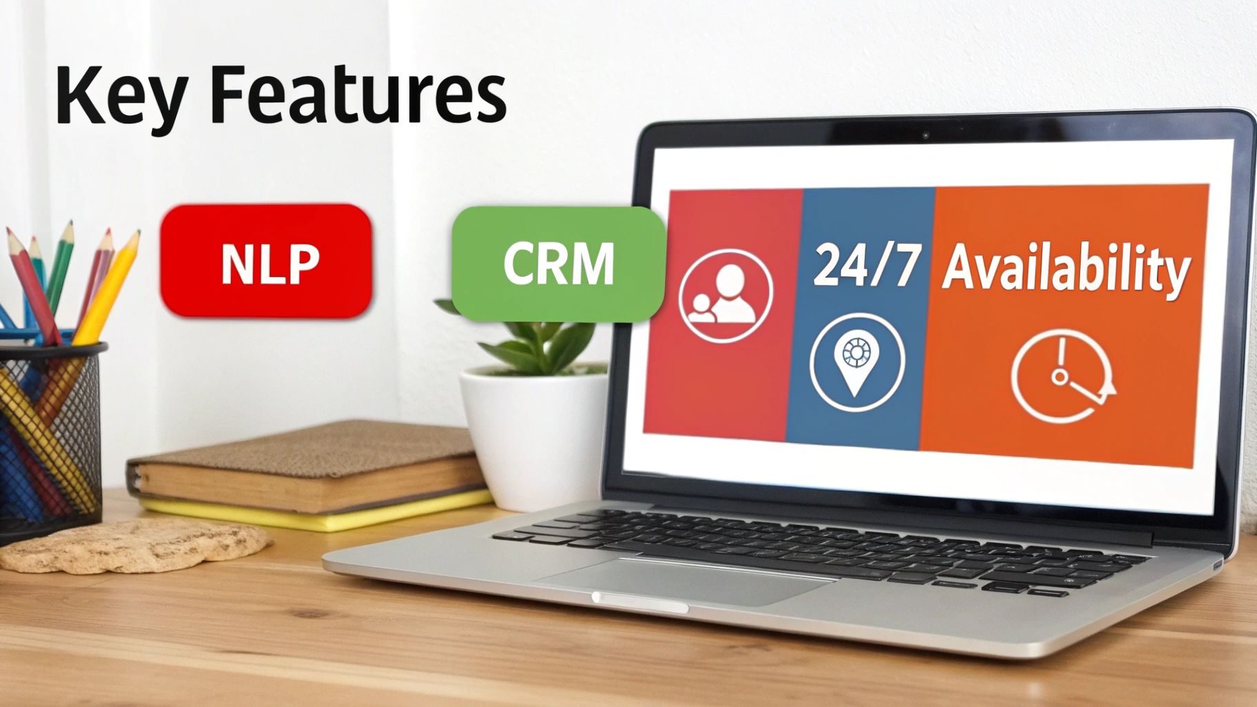 A close-up of a smartphone screen showing a chatbot conversation, with icons for features like lead capture, calendar integration, and 24/7 support floating around it.