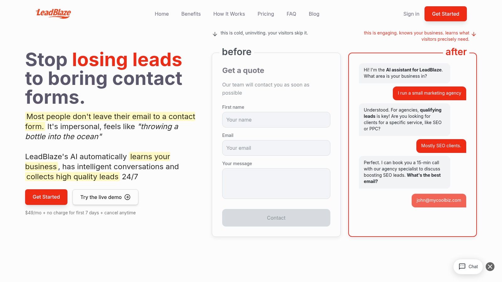 LeadBlaze AI Sales Assistant in action on a website