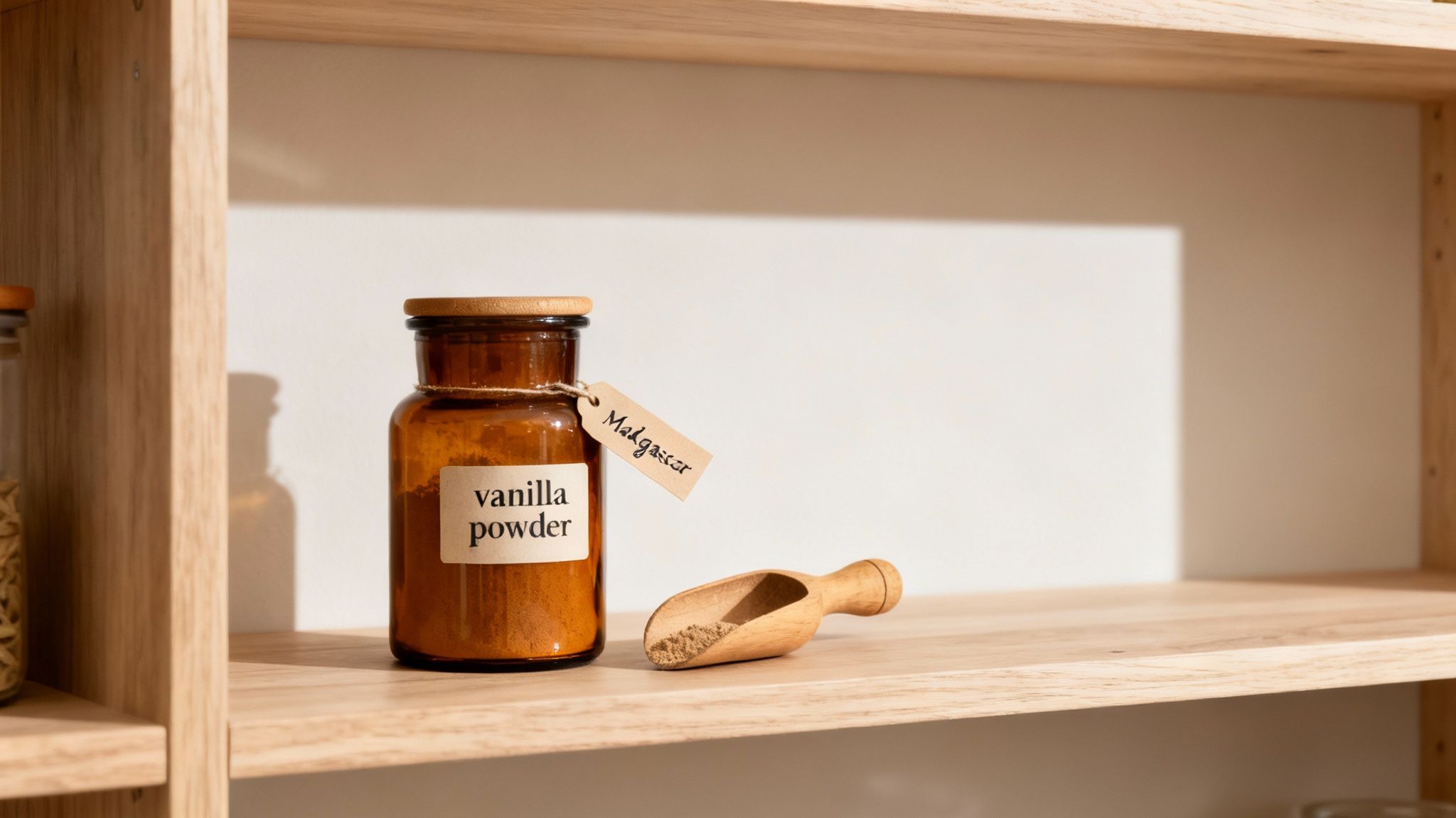 Amber jar of vanilla powder with a Madagascar label and scoop on a wooden shelf.