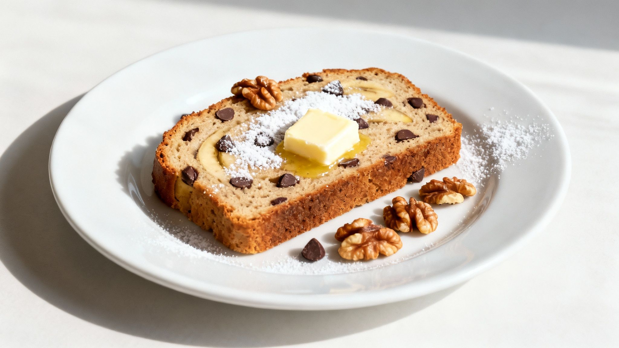 A slice of banana bread topped with walnuts on a white plate.