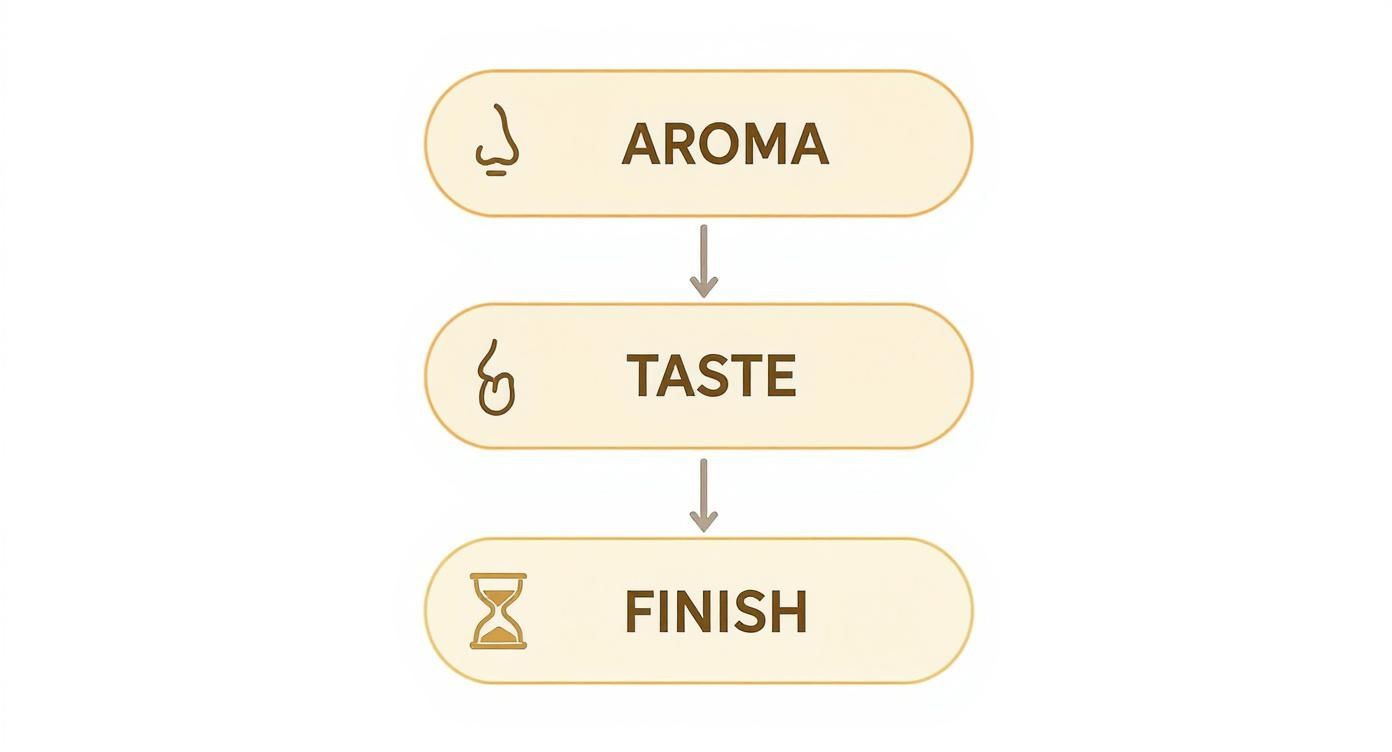 A diagram illustrating the three steps of sensory evaluation: Aroma (nose), Taste (tongue), and Finish (hourglass).