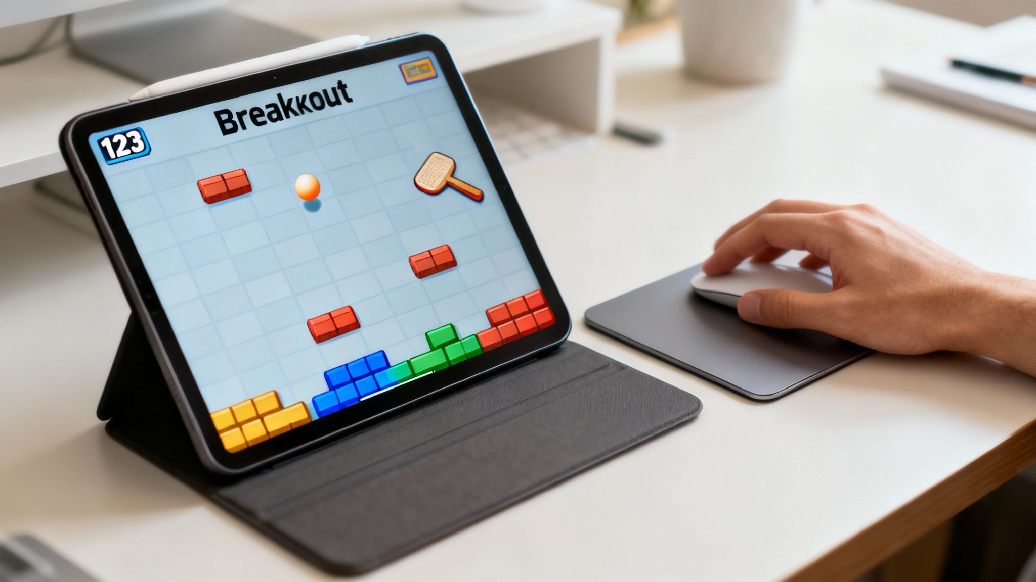 Person playing Breakout brick breaker game on tablet device at desk workspace