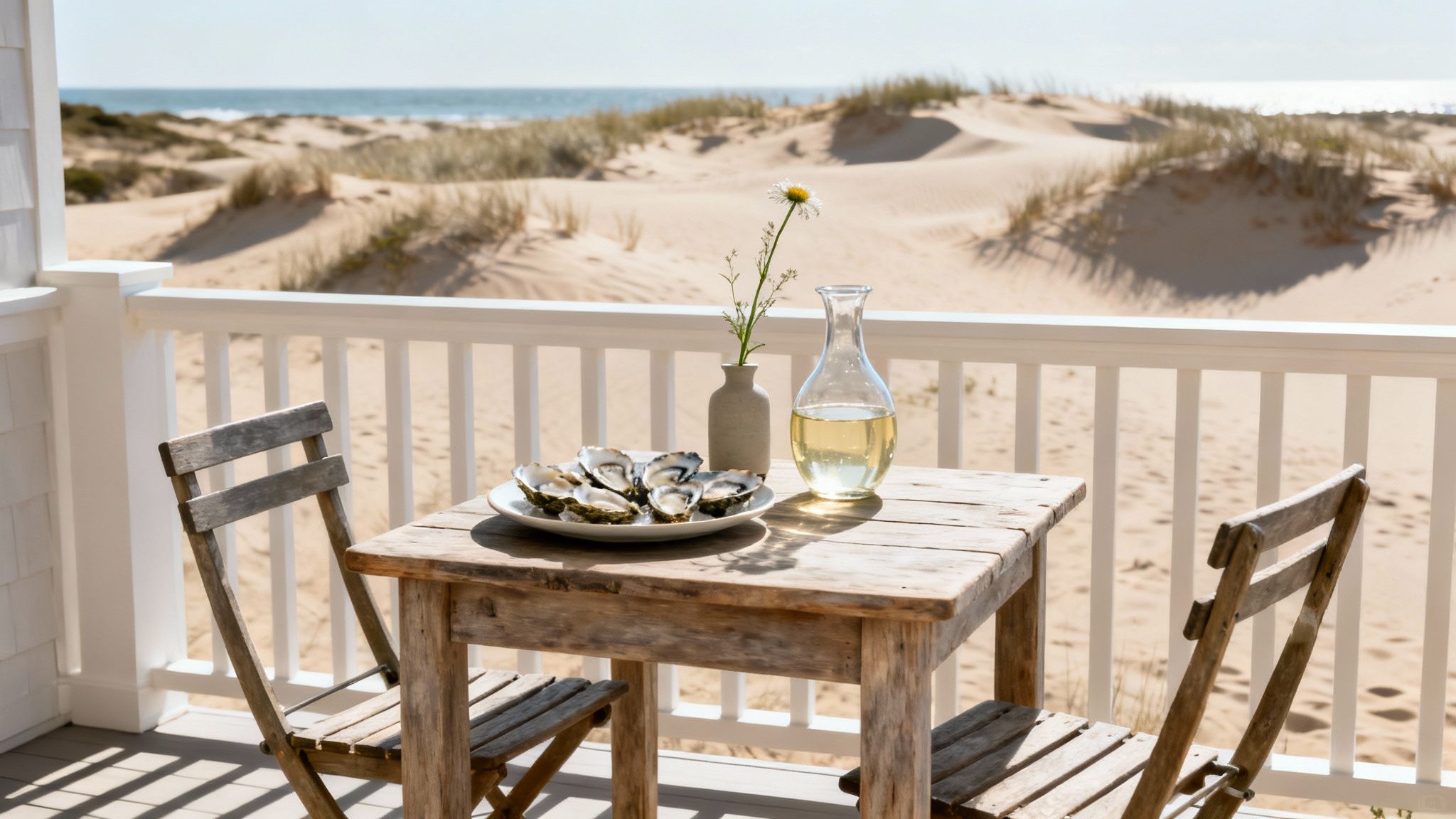 A rustic wooden table with oysters and white wine on a balcony overlooking sandy dunes and the ocean.