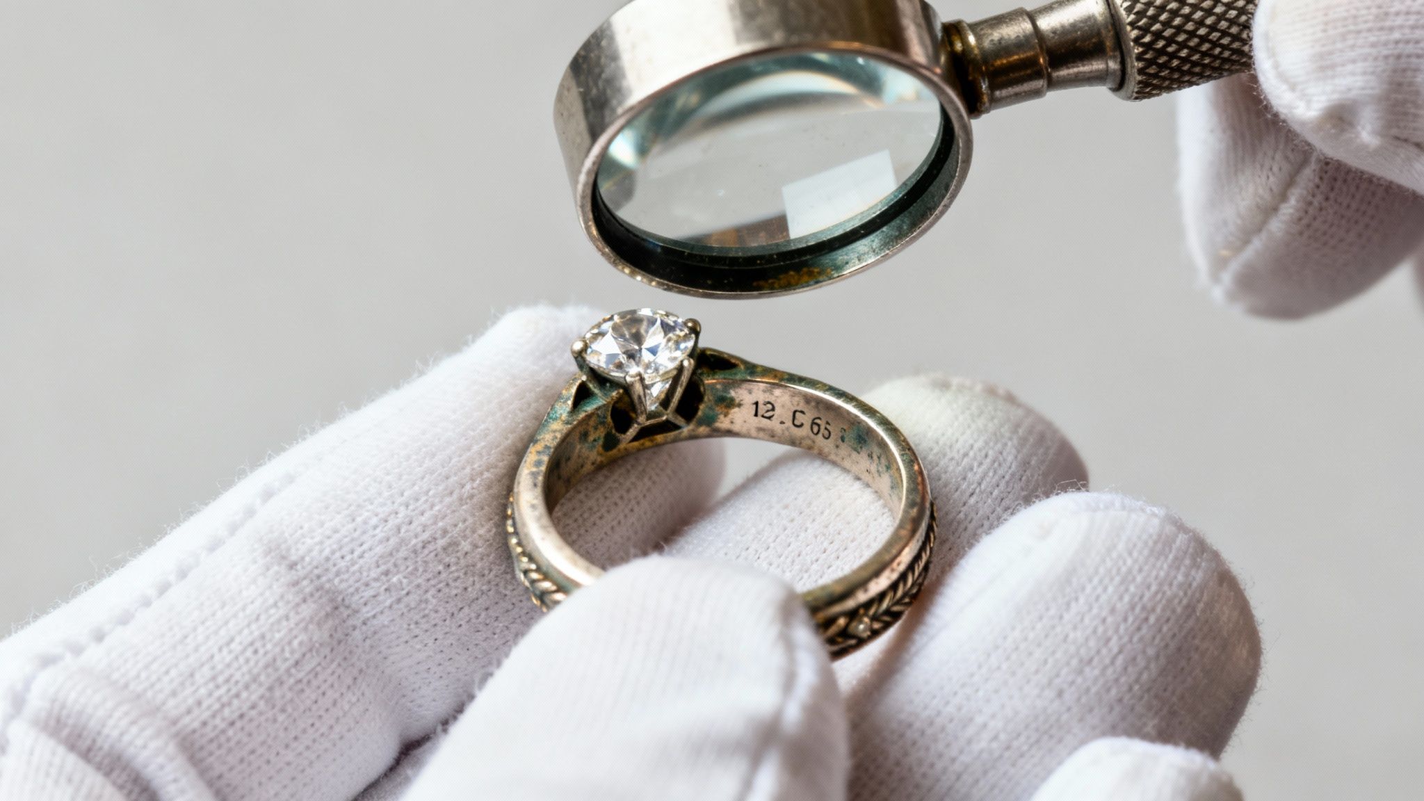 Gloved hands inspecting an antique diamond ring with a magnifying glass, revealing an engraved date.