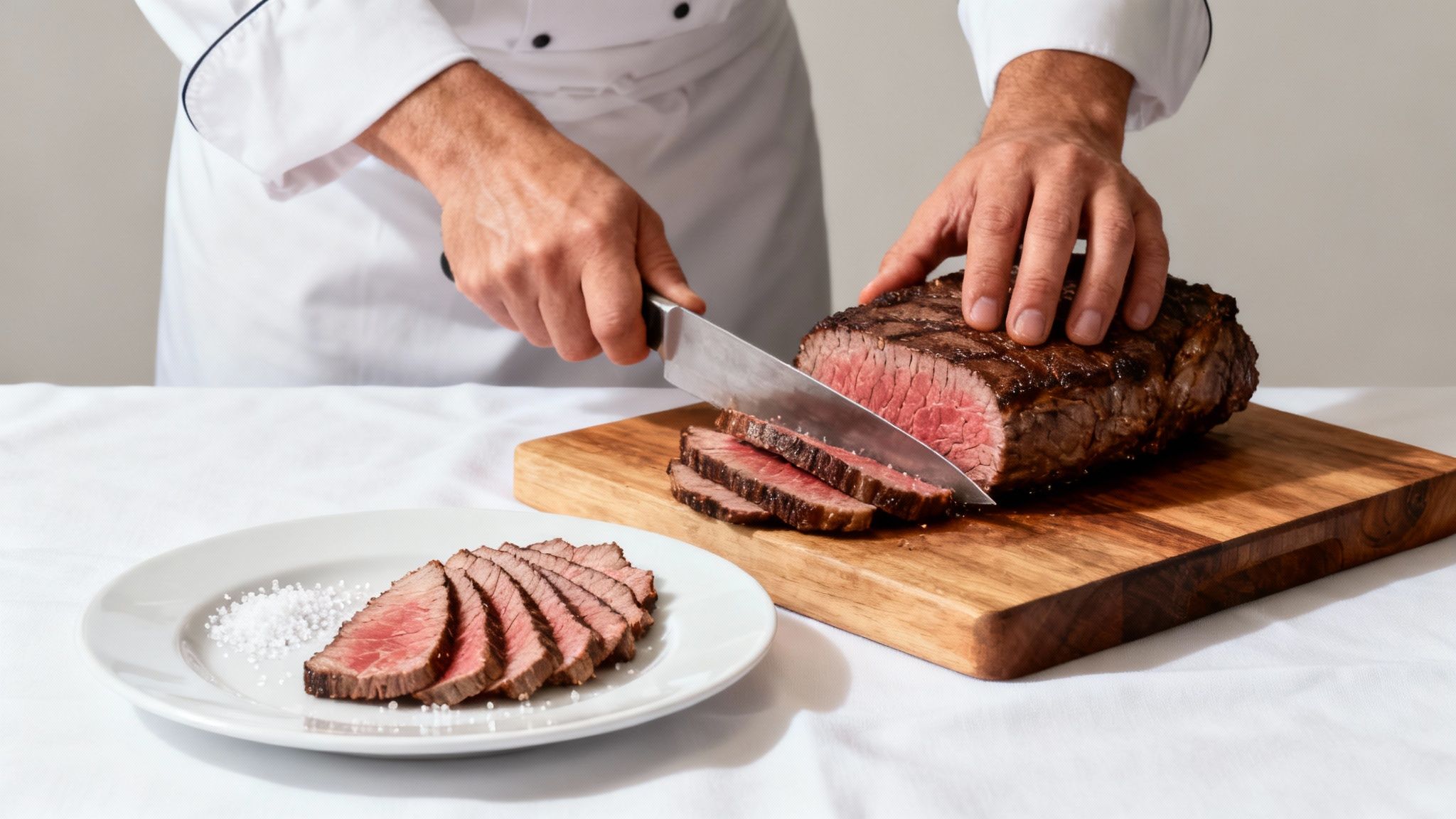 A chef expertly slicing cooked picanha steak on a wooden cutting board, with slices fanned out for presentation.