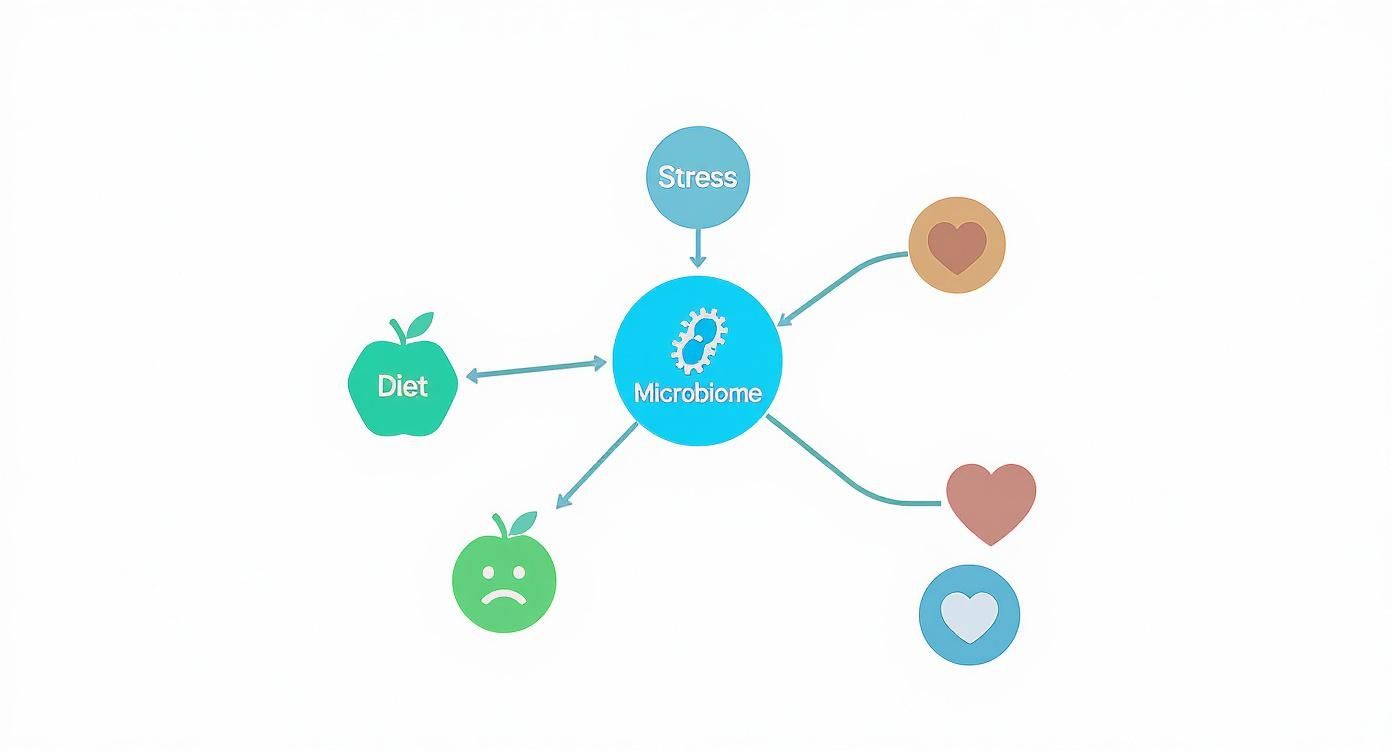Diagram showing microbiome influenced by diet and stress, impacting heart health and overall well-being.