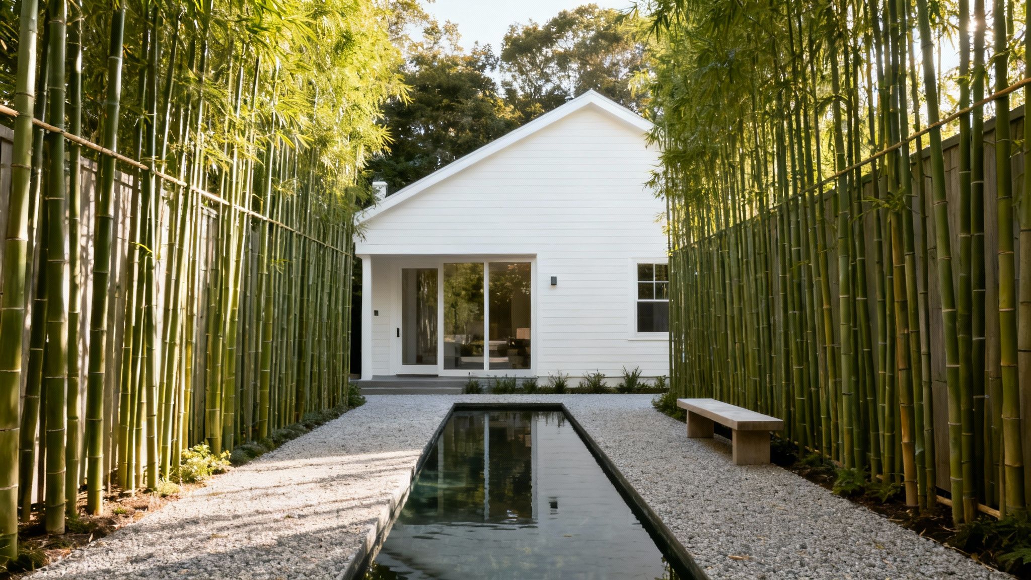 A winding stone path leads through a lush bamboo garden, creating a sense of serene seclusion.