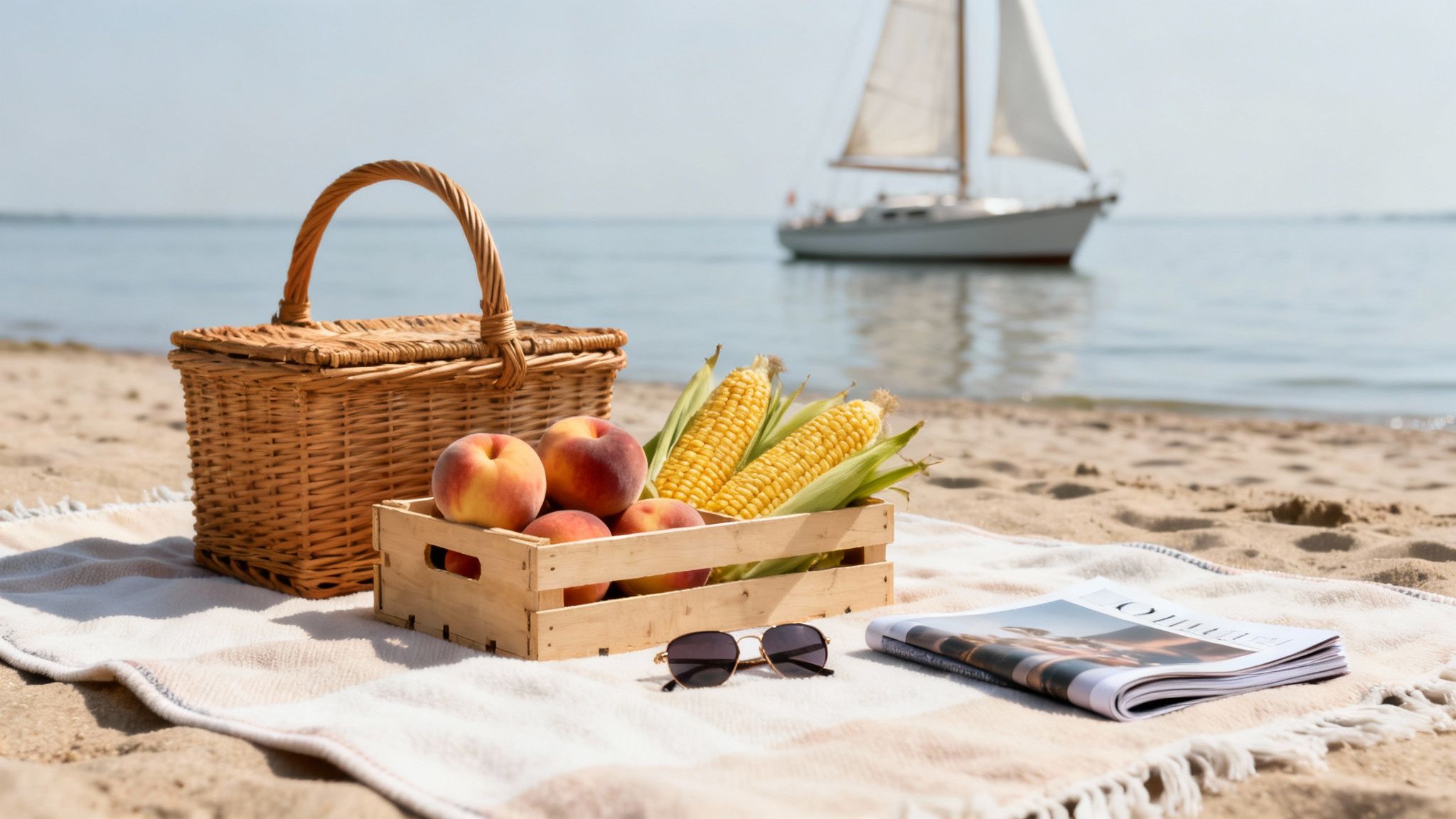 A rustic beach picnic setup on a sandy shore with peaches, corn, and a distant sailboat.