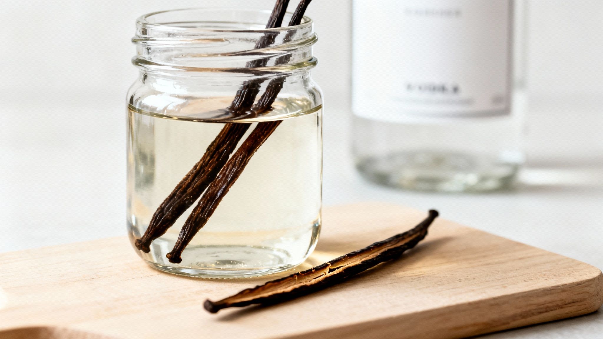Vanilla beans infusing in vodka in a glass jar, with a split bean on a cutting board.