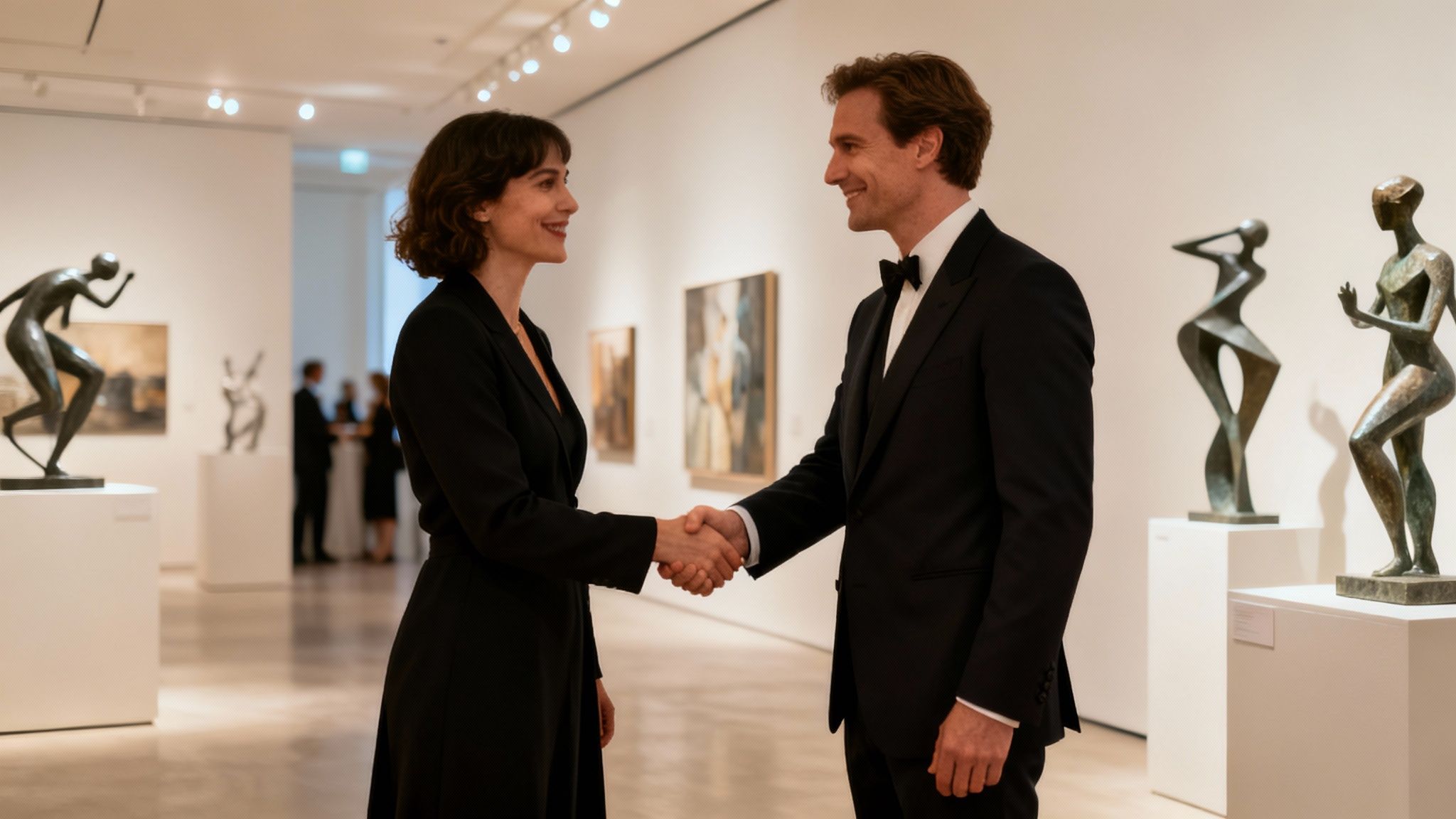 A group of well-dressed individuals networking at an upscale event