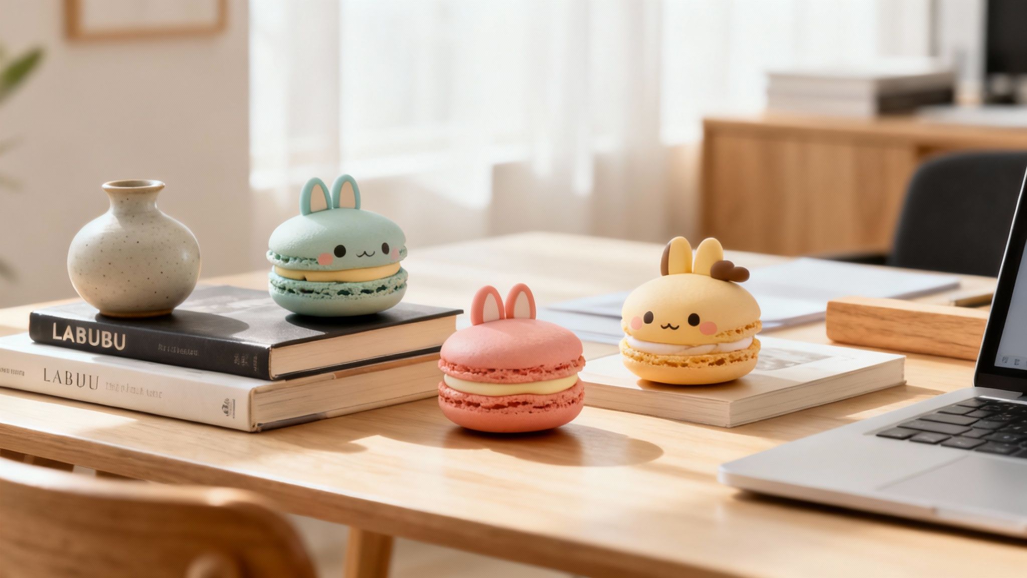 A curated display of Labubu Macaron art toys on a modern shelf.