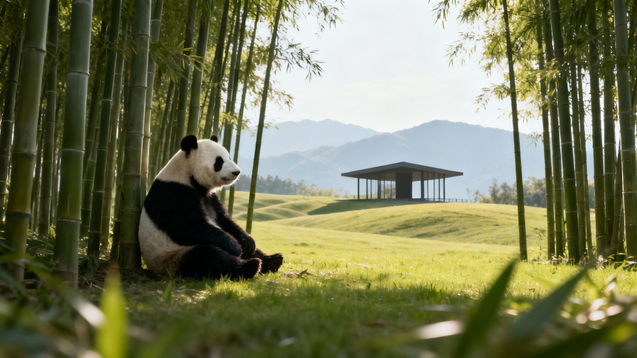 A panda sitting comfortably on a tree branch, chewing on bamboo.