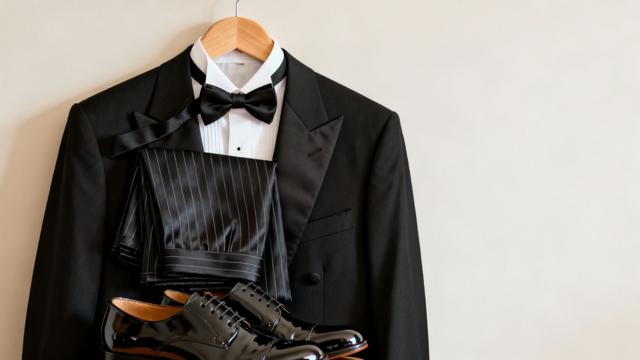 A man wearing a perfectly fitted black tuxedo with a bow tie.