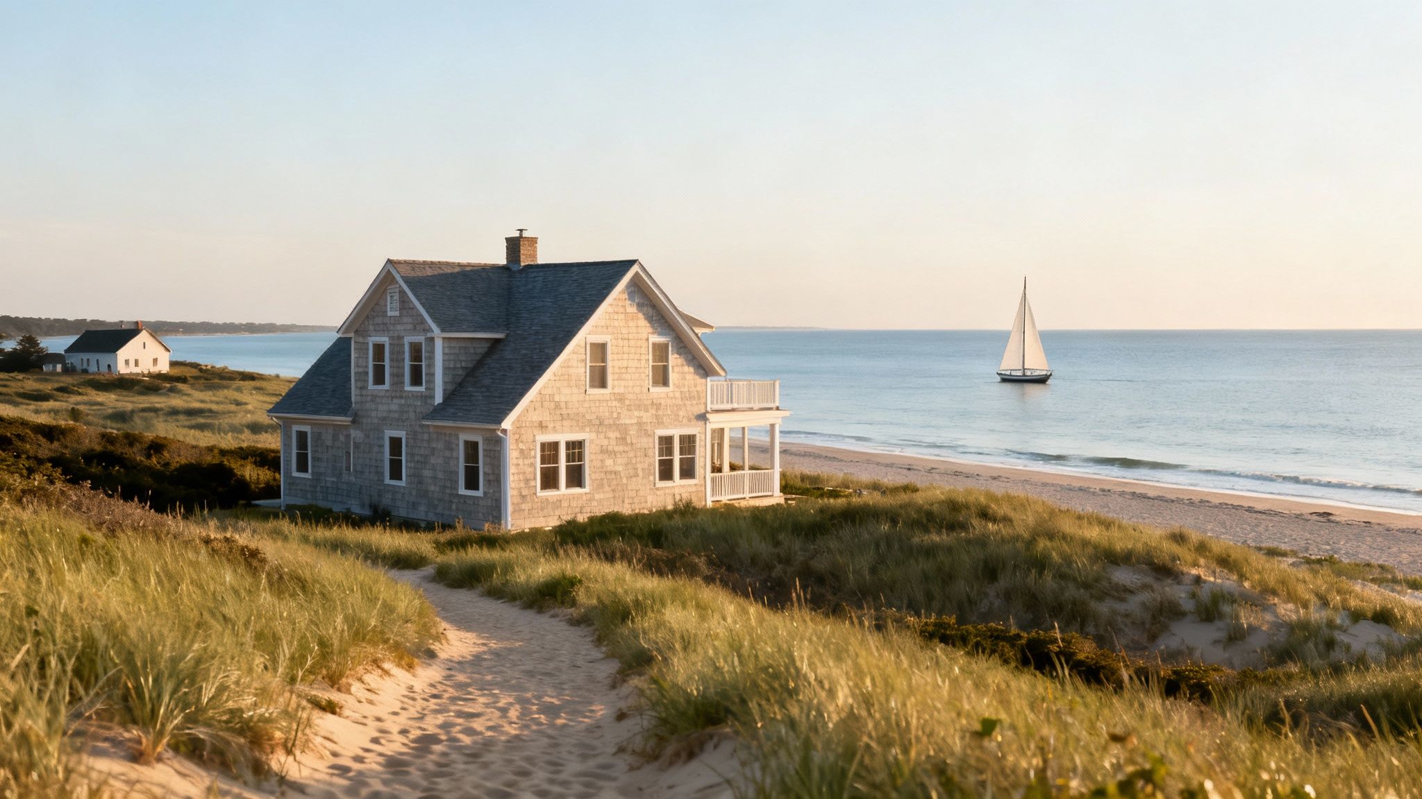 A charming shingle beach house on a sandy dune overlooking the ocean with a sailboat.