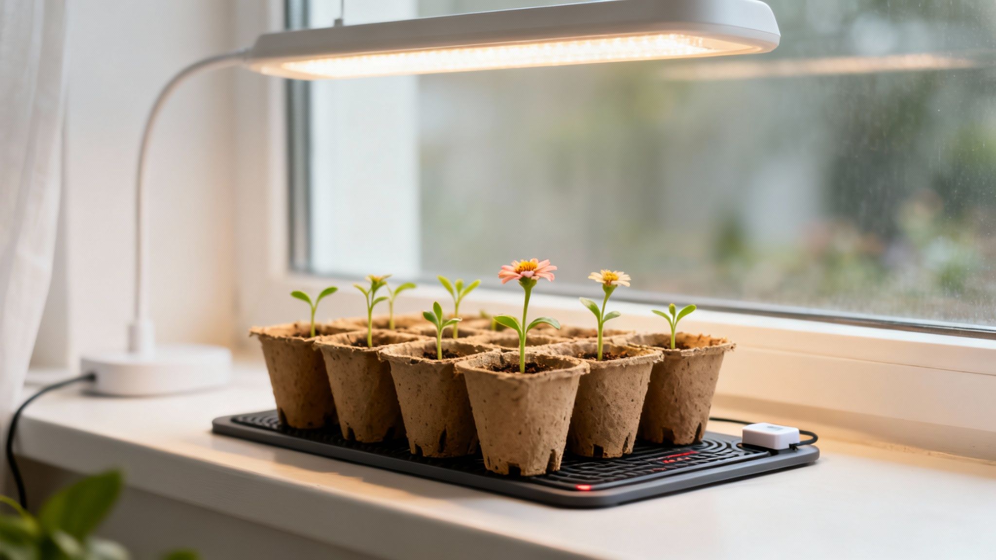 Small zinnia seedlings and blooming flowers under a grow light on a bright windowsill.
