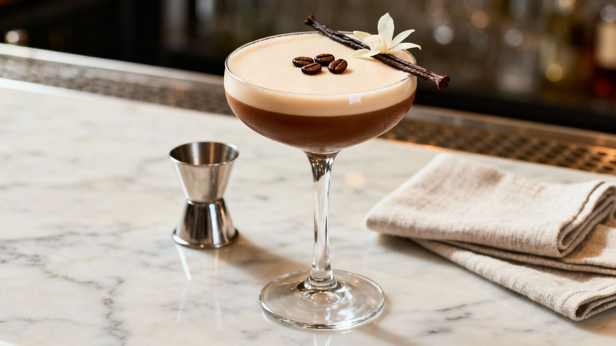 An elegant espresso martini cocktail with vanilla pod and coffee bean garnish on a marble bar.