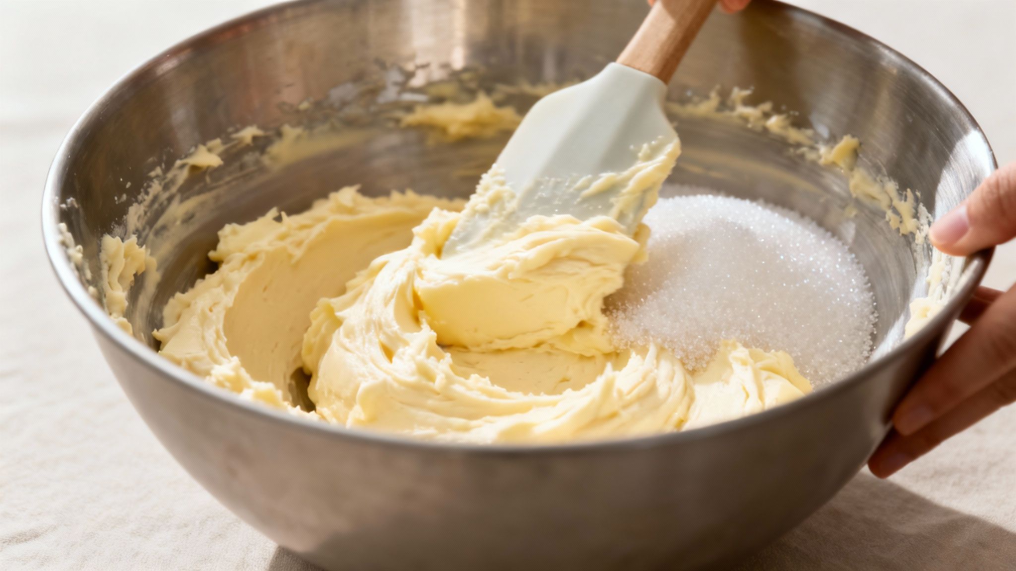 A close-up shot of banana bread batter being poured into a loaf pan.