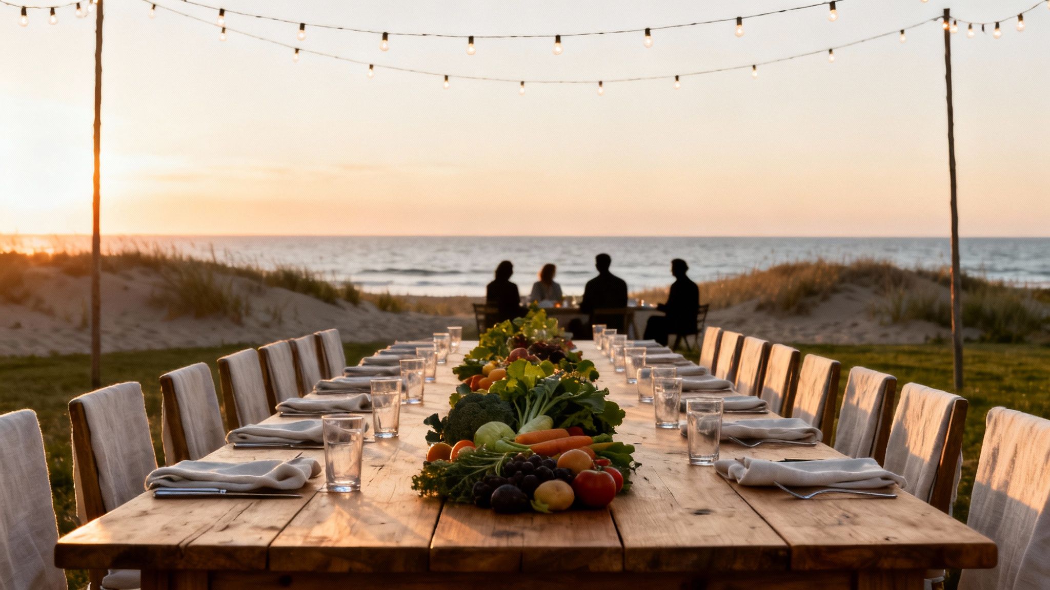 Long outdoor dining table with fresh produce centerpiece, string lights, and beach sunset view.