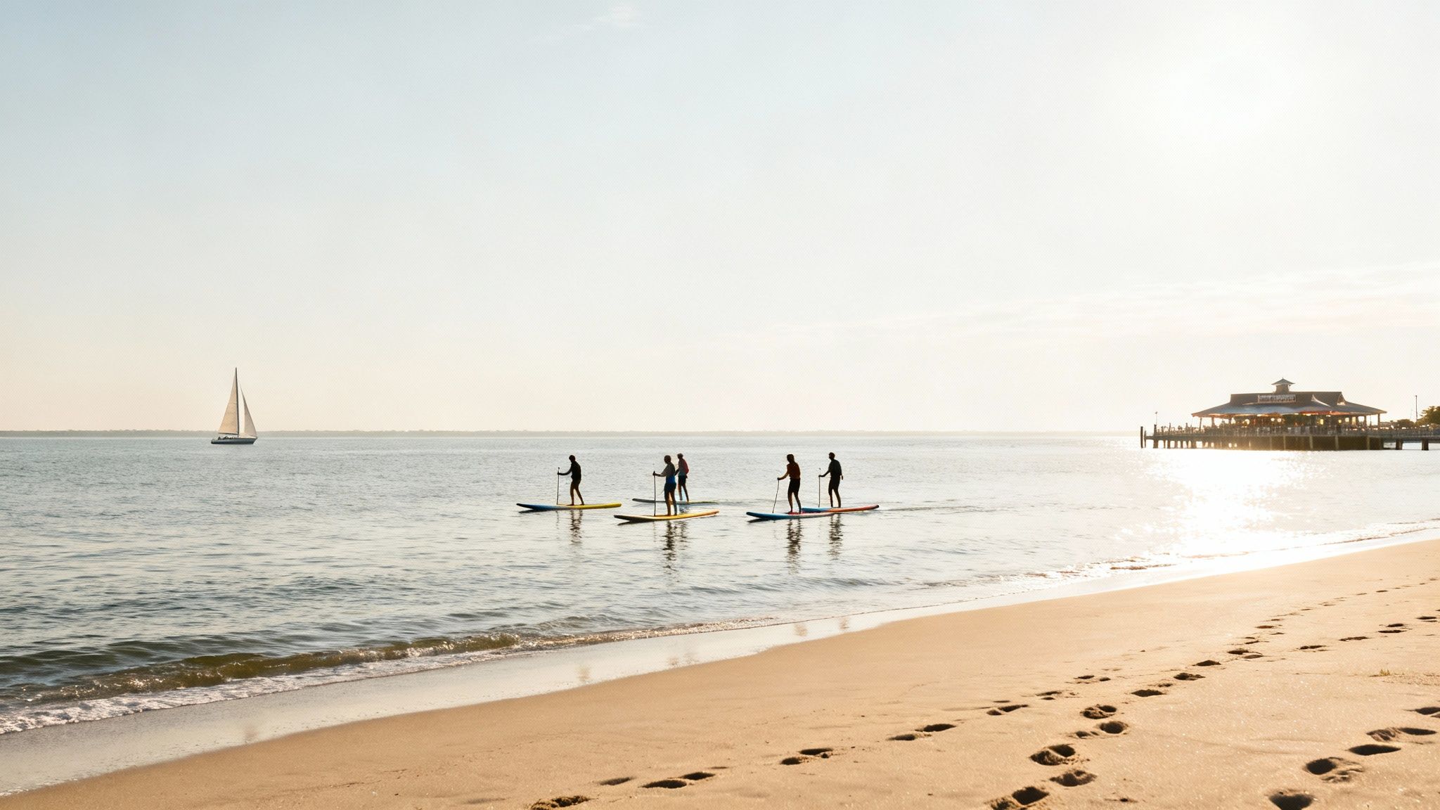 People paddleboarding on calm water near a beach with a sailboat and pier at sunset.