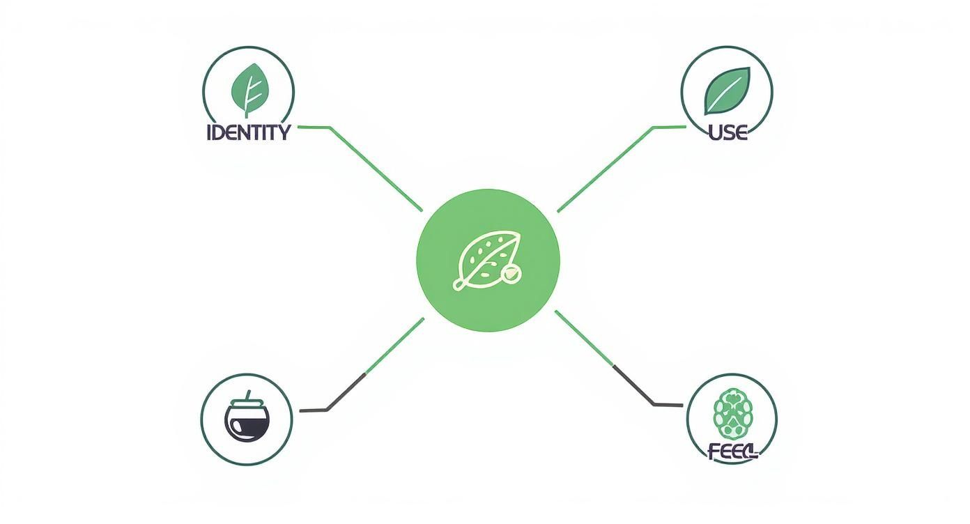A green diagram with a central leaf icon connecting to Identity, Use, Prepare, and Feel concepts.