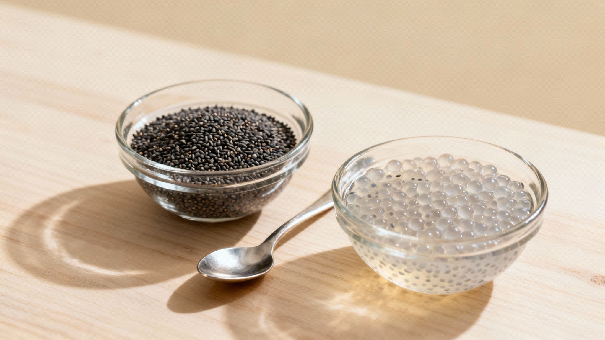 Dry basil seeds and gelatinous soaked basil seeds in glass bowls with a spoon.