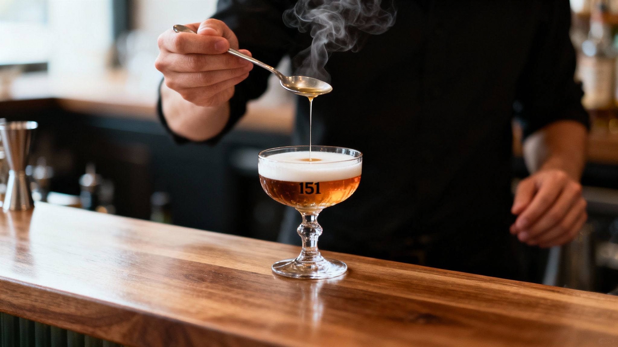 Bartender carefully drips a smoky liquid from a spoon into a frothy "151" cocktail.