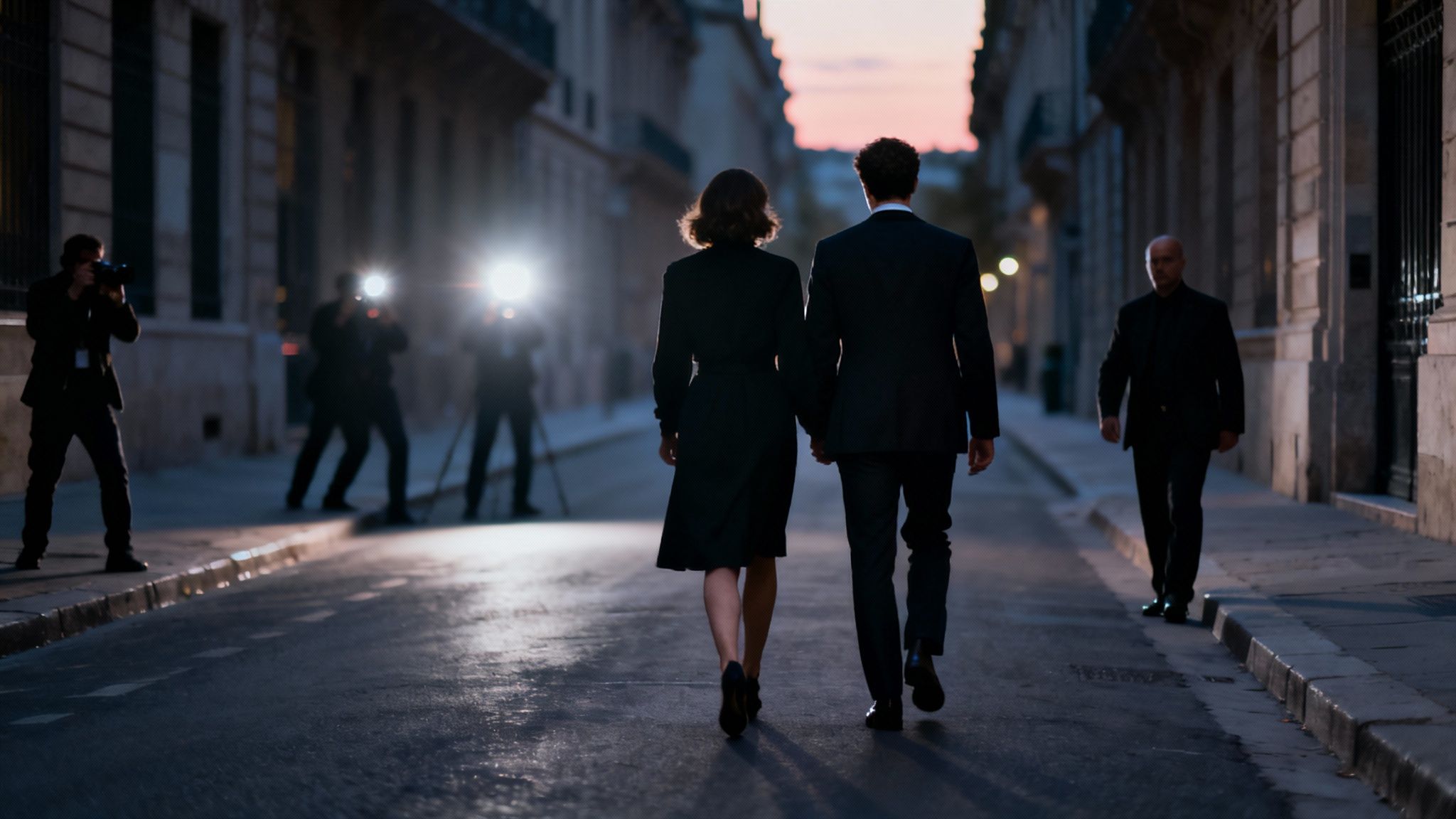 Taylor Swift and Travis Kelce walking hand-in-hand while surrounded by photographers.