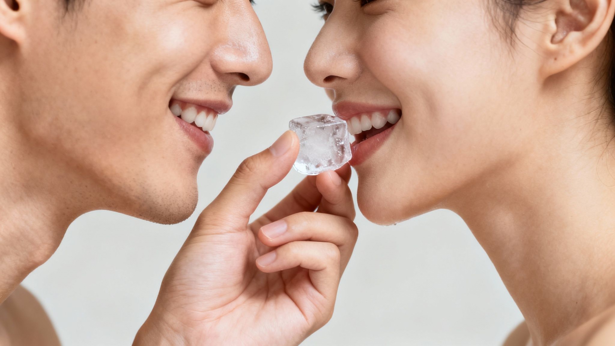 A couple sharing a playful, modern snowball kiss with an ice cube.
