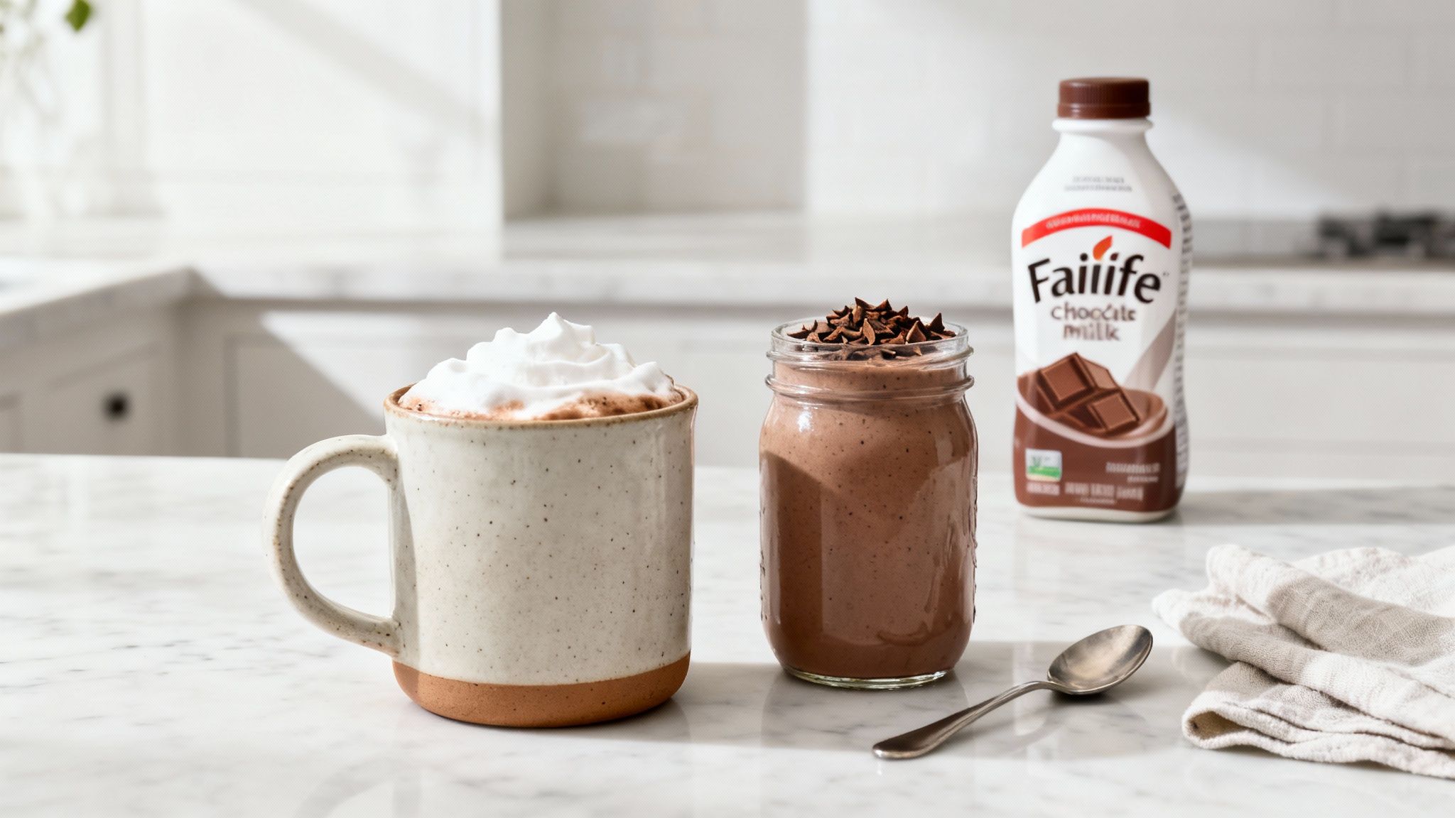 A delicious chocolate milk smoothie in a glass with a straw