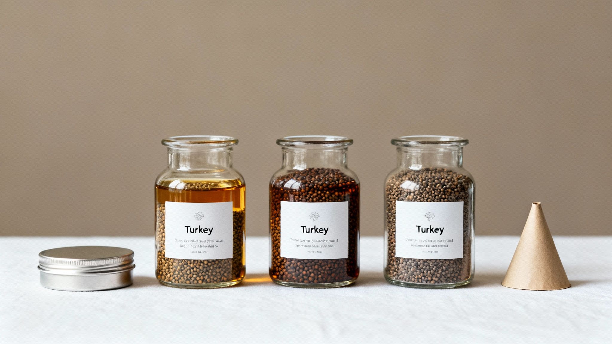 Three glass jars labeled Turkey containing poppy seeds with metal lid and funnel nearby