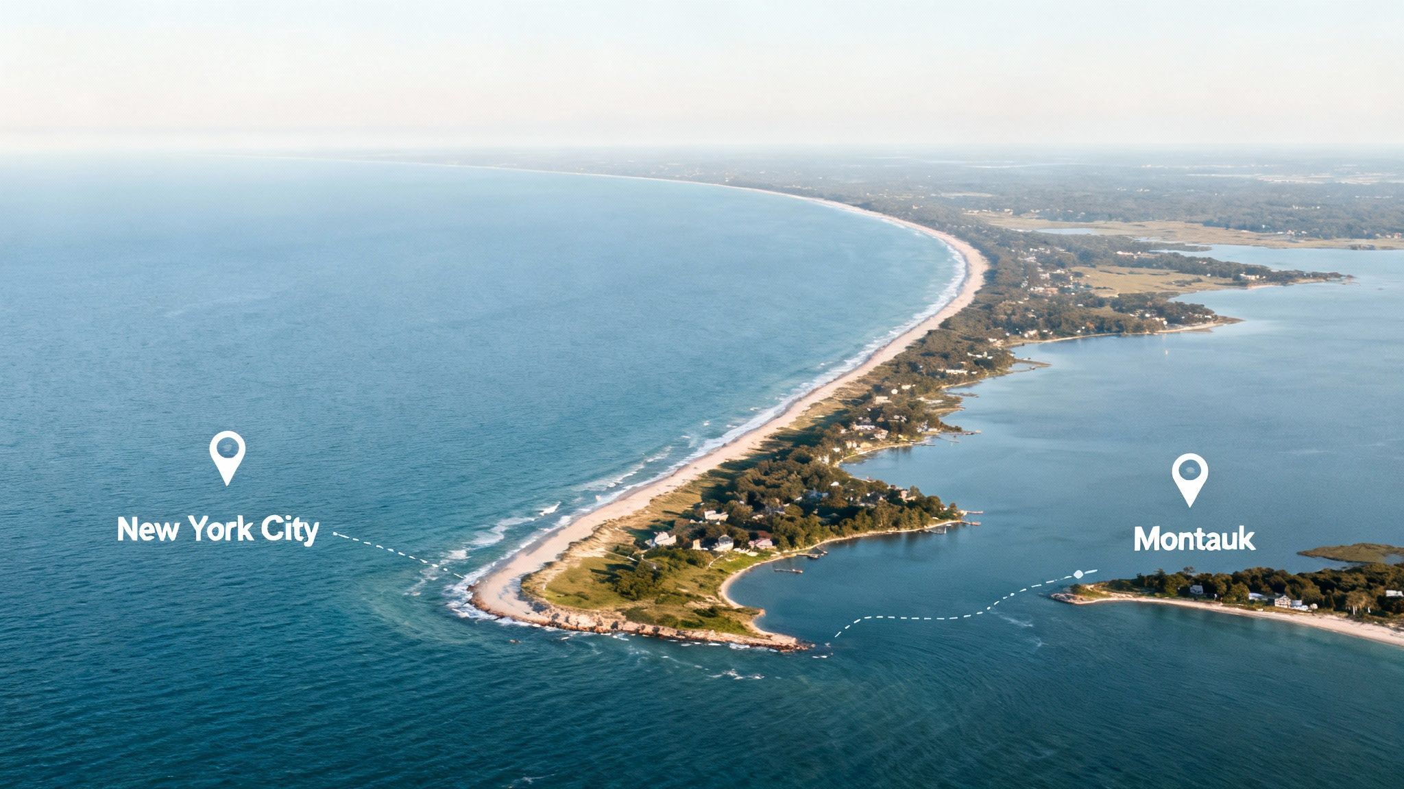 Aerial view of a beautiful coastal landscape showing a long beach, ocean, and the locations of New York City and Montauk.