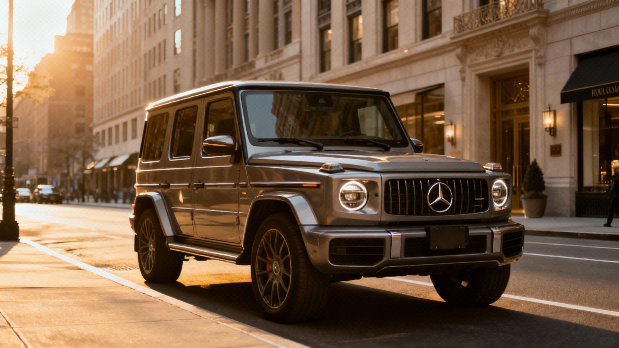A Mercedes G Wagon parked on a city street, showcasing its iconic boxy design and luxurious presence.