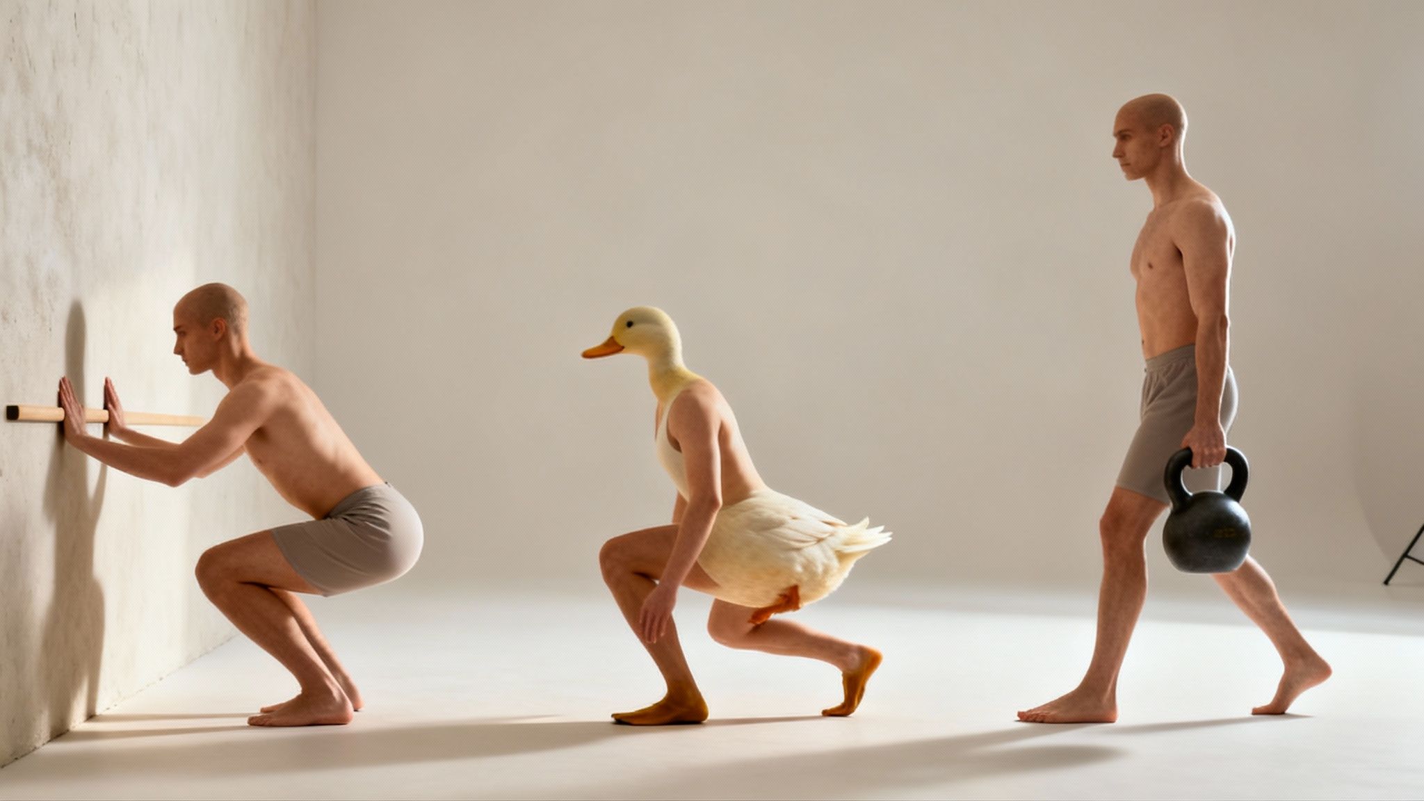 Three figures demonstrating exercise: a wall squat, a human-duck hybrid doing a duck walk, and a man with a kettlebell.
