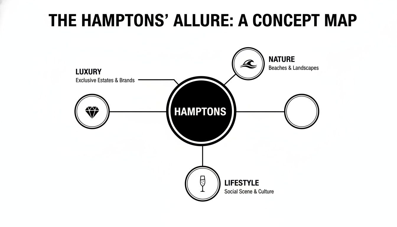 A concept map illustrating the Hamptons' allure, highlighting luxury, nature, and lifestyle aspects.
