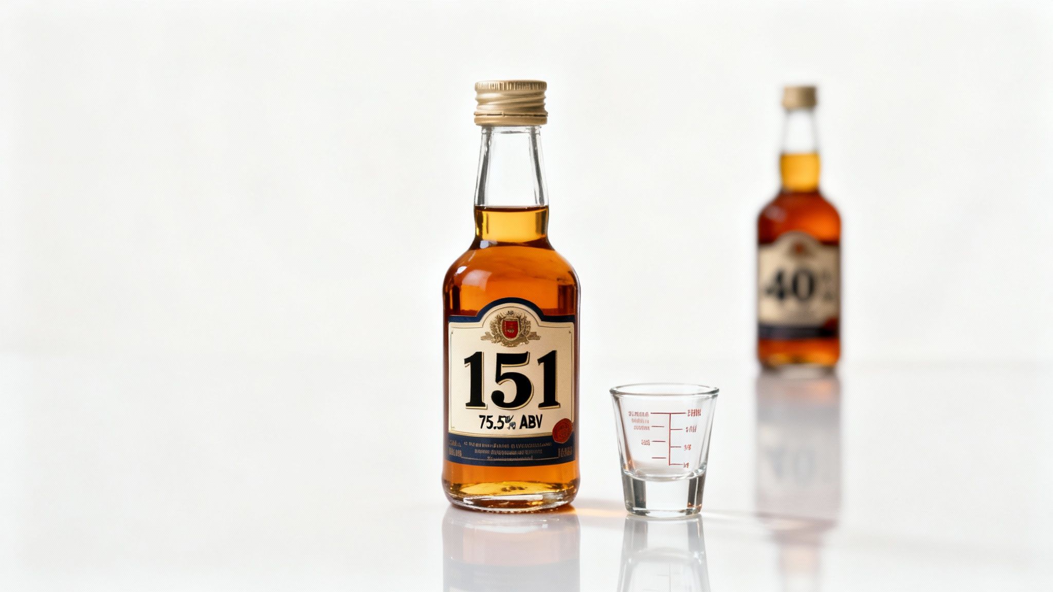 A small bottle of 151 proof rum (75.5% ABV) and a measuring shot glass.