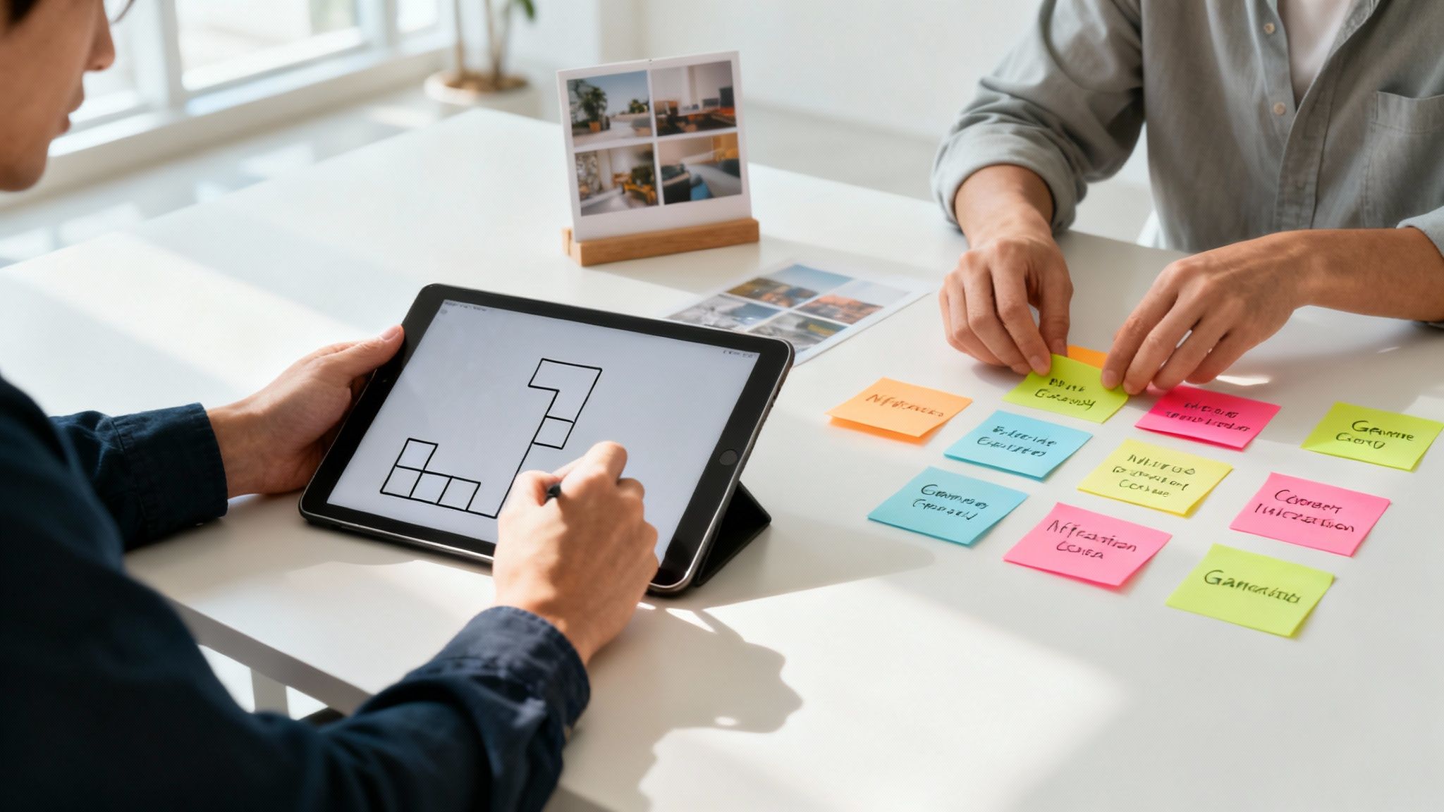 Two people collaborating on floor plan design using tablet and colorful sticky notes